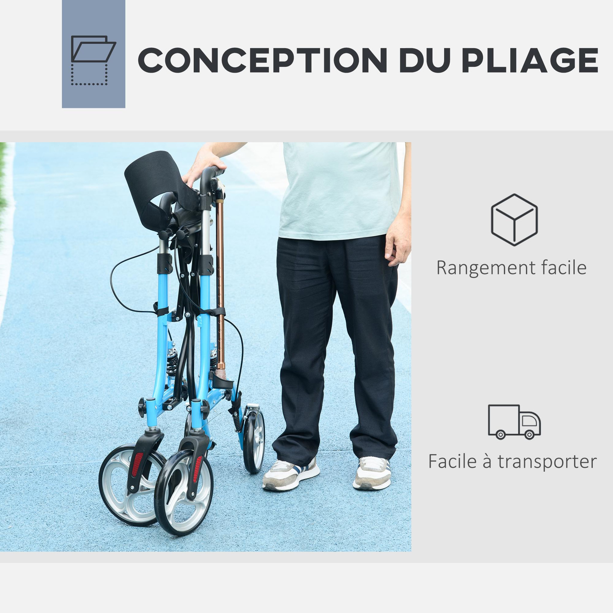Voir la diapositive 4 : HOMCOM Déambulateur 4 roues - pliable, léger - assise, dossier, hauteur poignées réglable, freins à main - sacoche rangement - alu. bleu noir