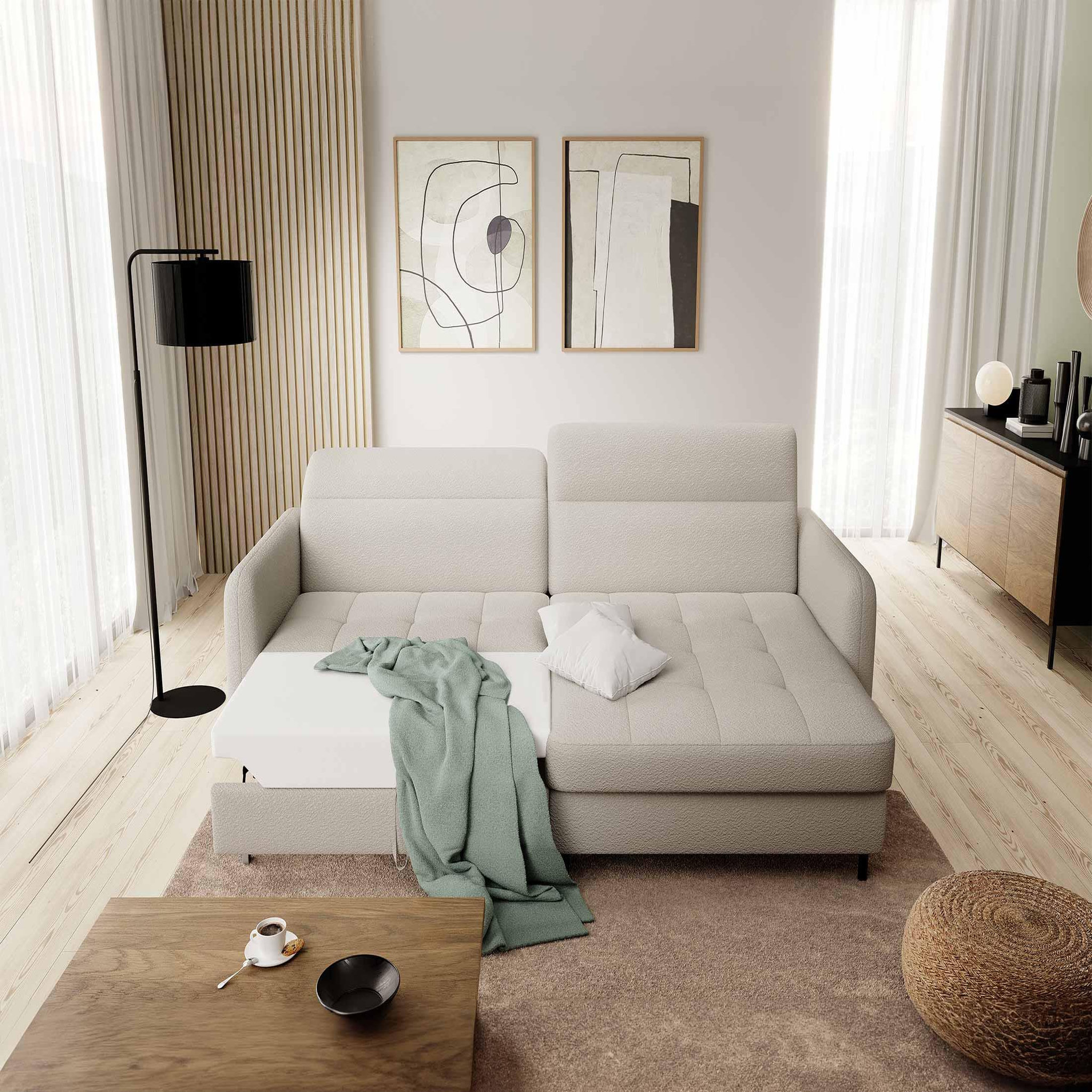 Voir la diapositive 2 : BEST MOBILIER Sagada - canapé d'angle droit 4 places - convertible avec coffre et têtières - en tissu bouclette