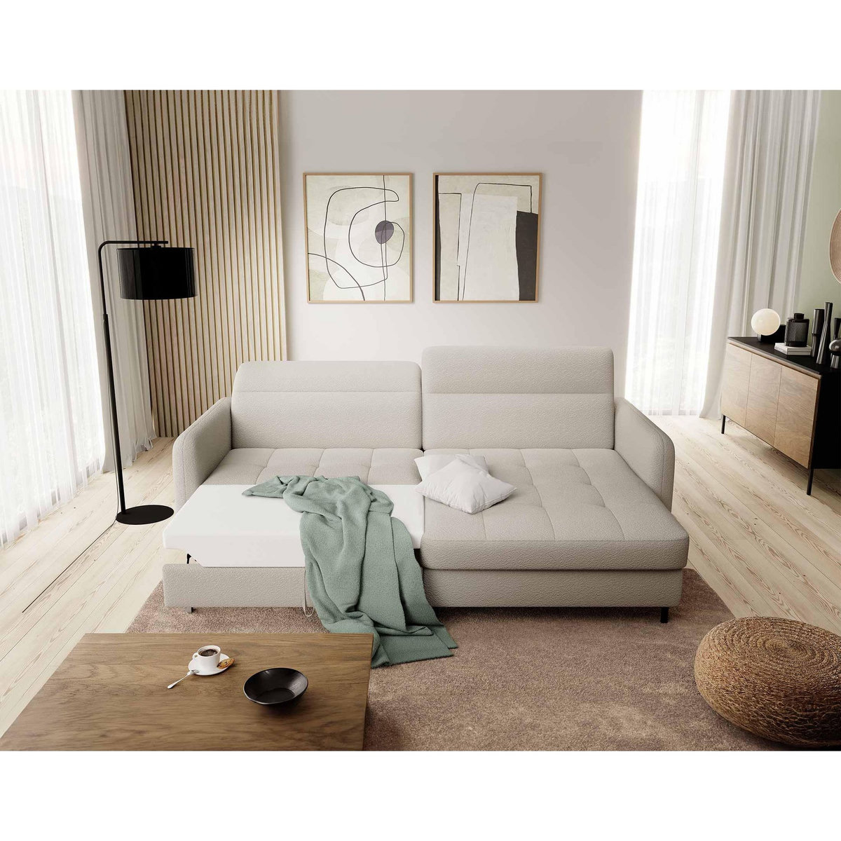 BEST MOBILIER Sagada - canapé d'angle droit 4 places - convertible avec coffre et têtières - en tissu bouclette