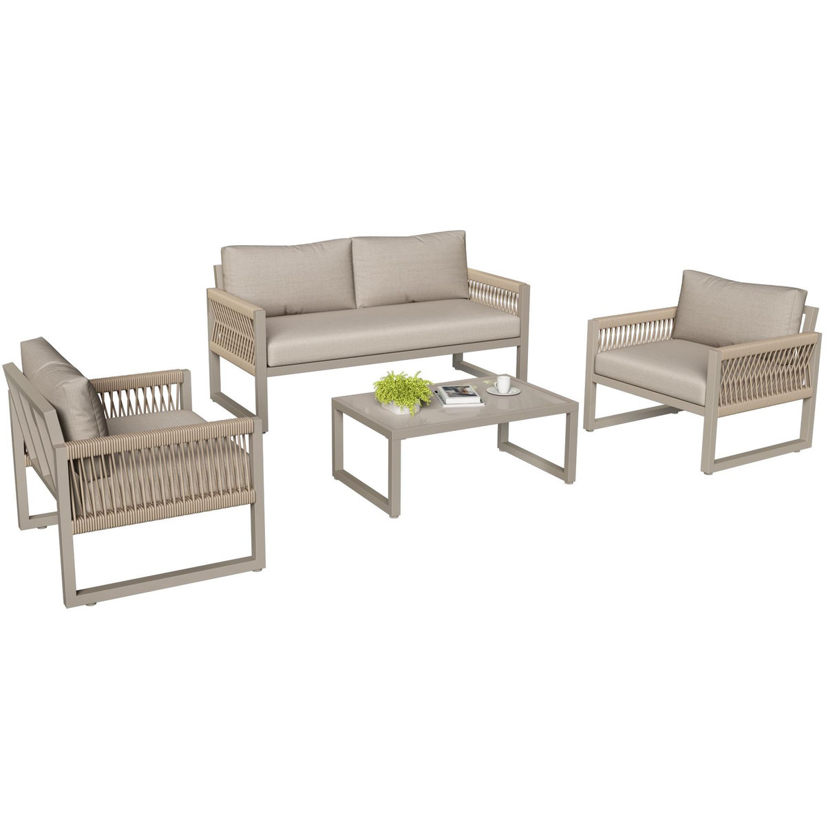 MERAX Salon de jardin 4 places en acier avec table verre lisse, pieds réglables, coussins