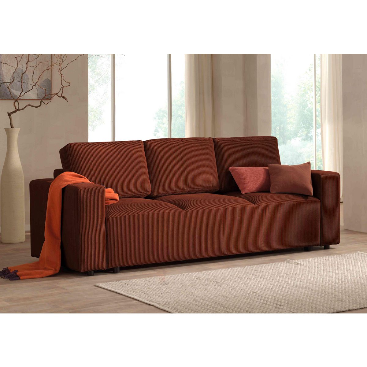 LISA DESIGN Livy - canapé droit convertible - avec coffre - en velours côtelé - 3 places