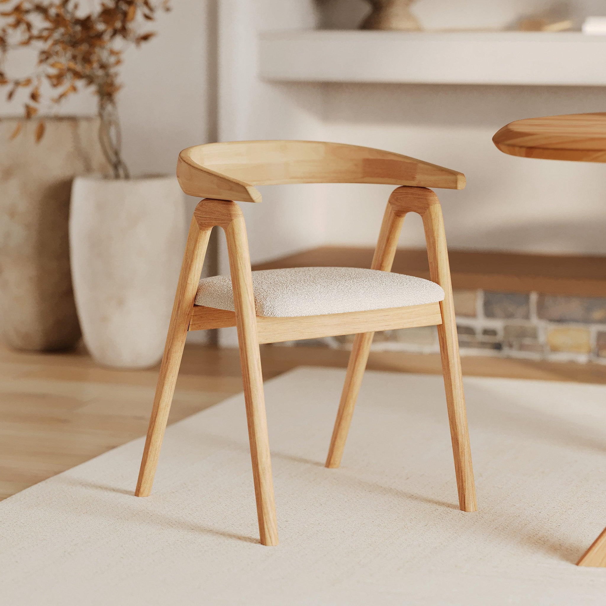 Voir la diapositive 2 : MAISON PAVANE Chaise en bois d'hévéa clair et tissu bouclé crème-hawa