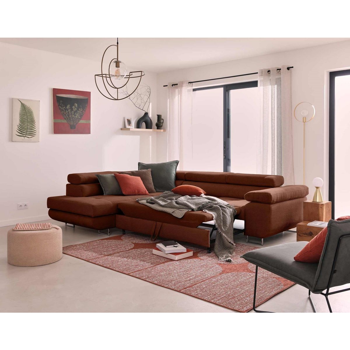 BEST MOBILIER Zaria - canapé d'angle gauche - convertible avec coffre et têtières réglables - 5 places - en velours côtelé