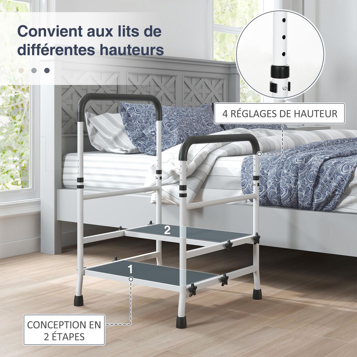 HOMCOM Marchepied de sécurité avec barres d'appui réglables en hauteur - marches d'accès au bain - merches & patins antidérapants - acier blanc EVA noir