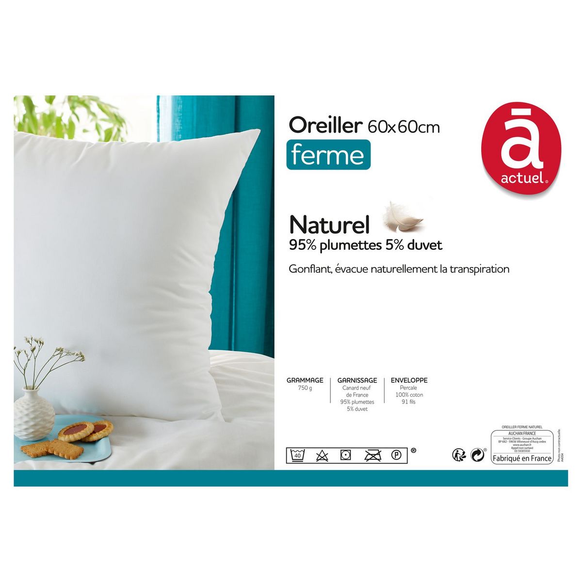 ACTUEL Oreiller ferme naturel en percale de coton CANARD NEUF DE FRANCE