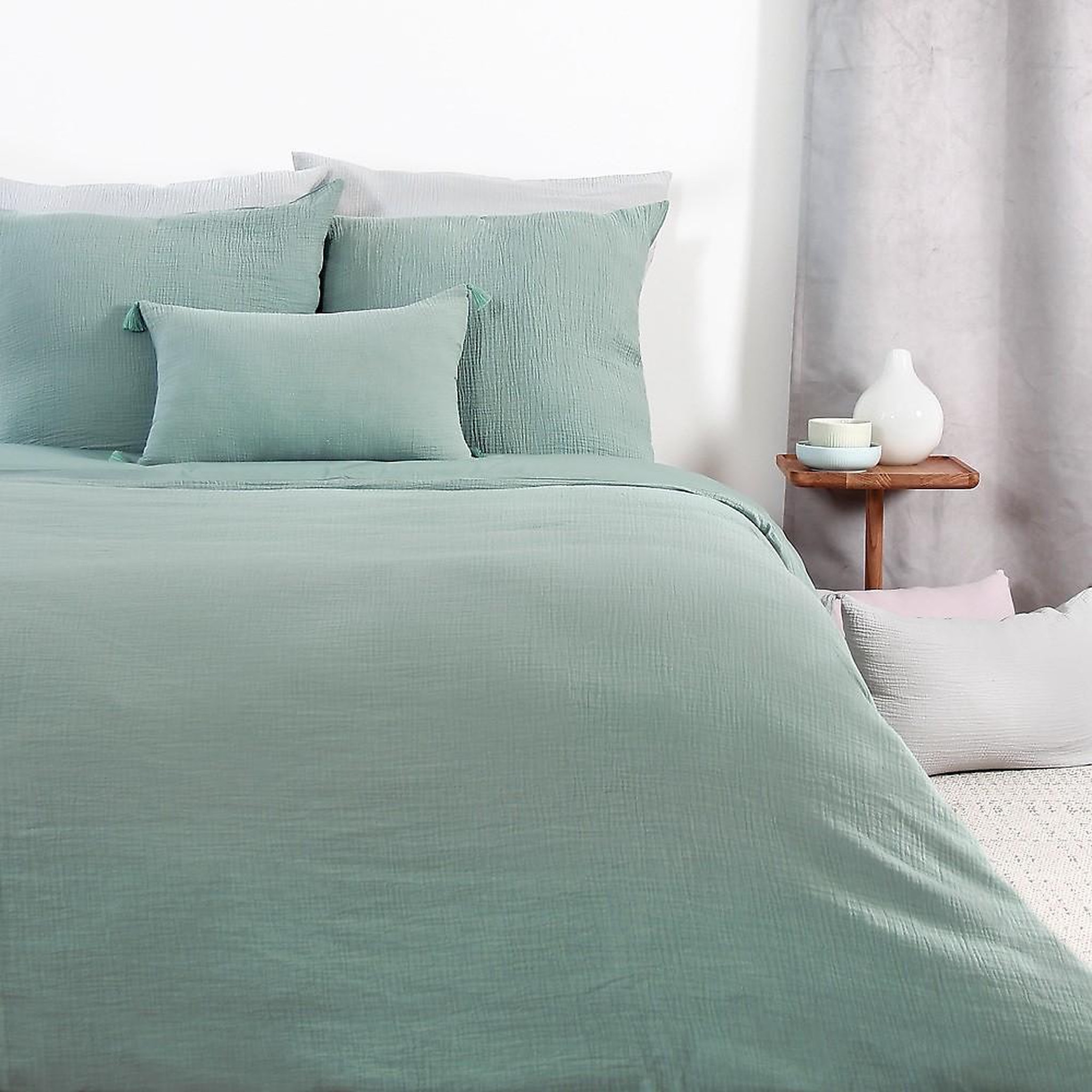 Home collection Parure housse de couette 100% gaze de coton. Coloris disponibles : Blanc, Gris, Vert