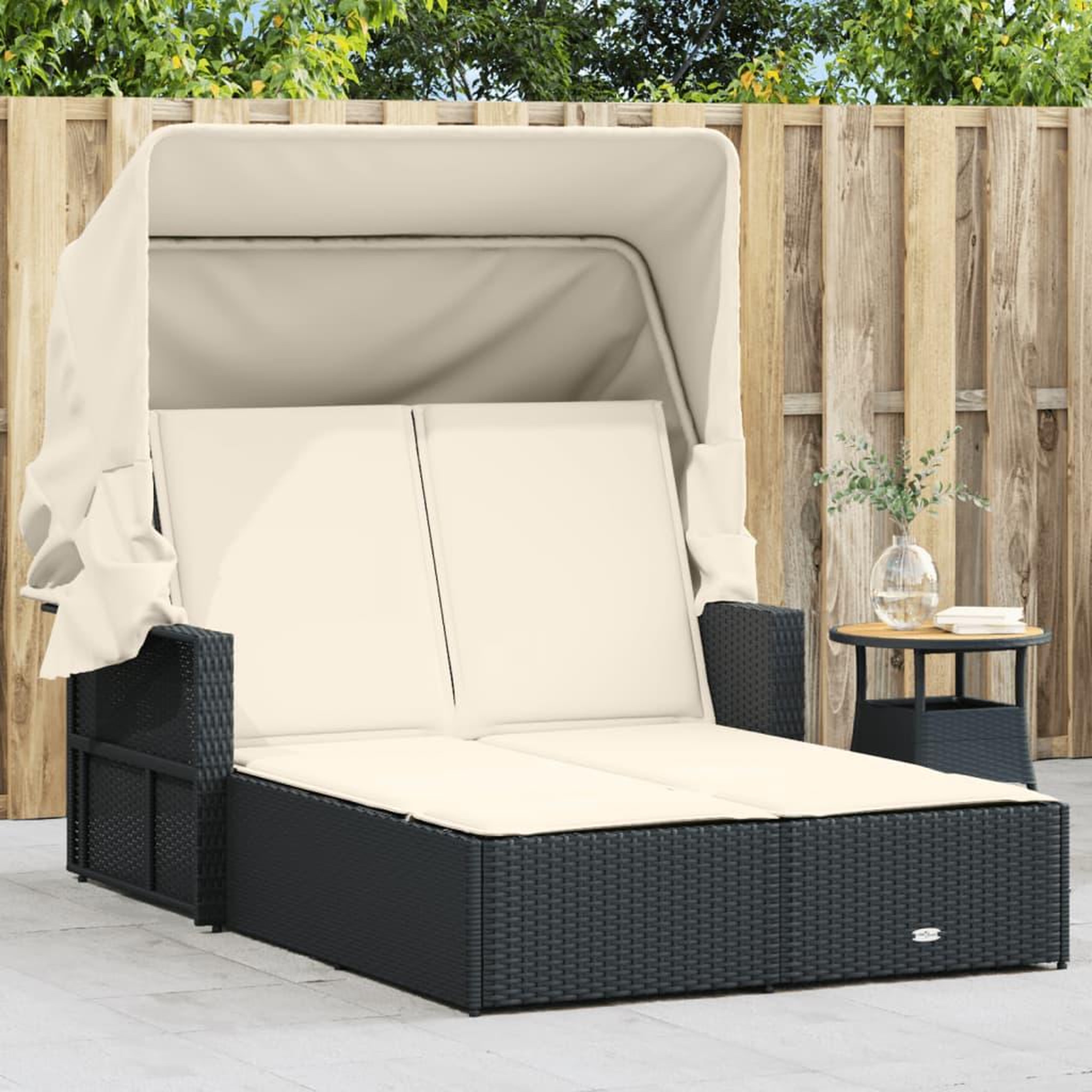 VIDAXL Chaise longue double et auvent et coussins noir resine tressee