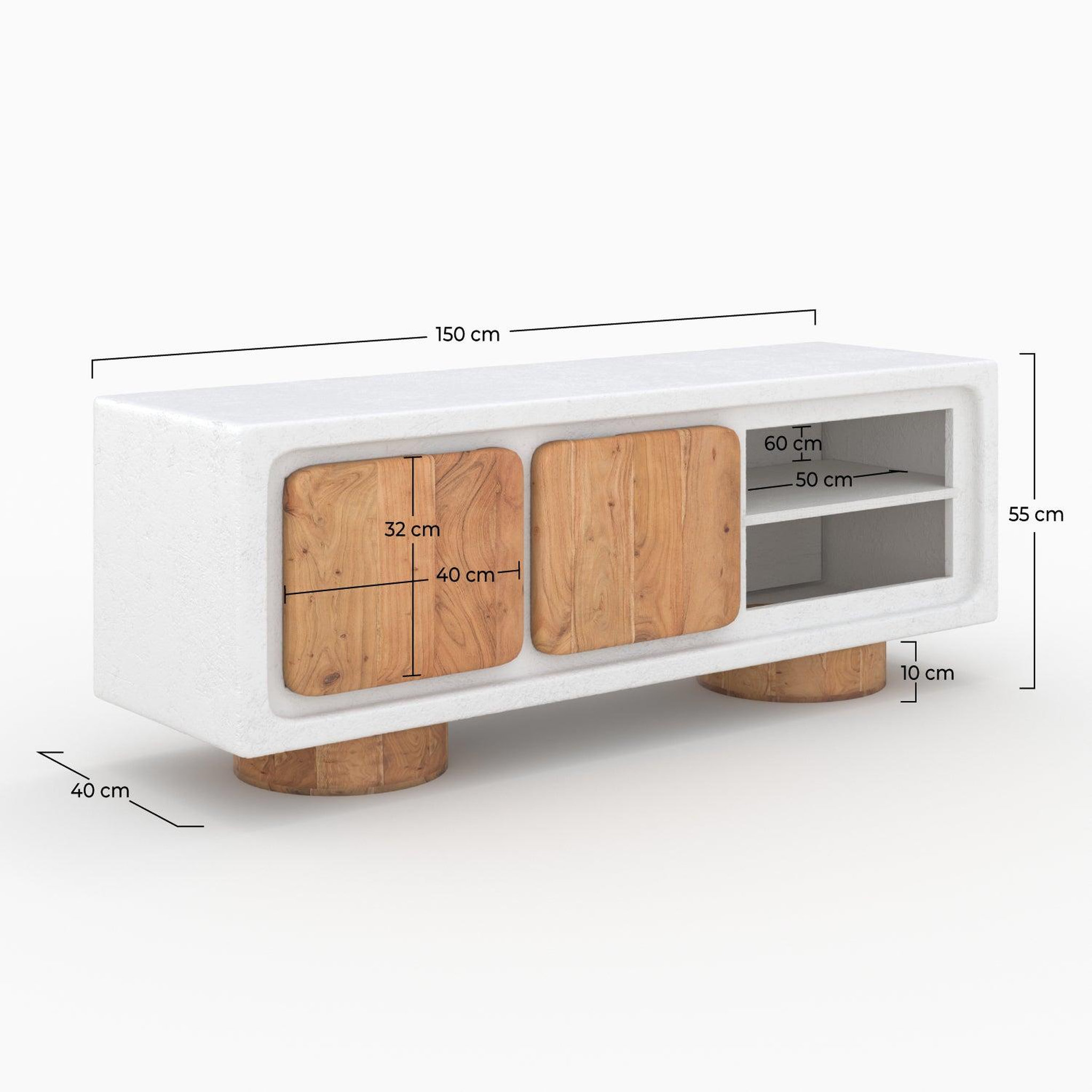Voir la diapositive 4 : MAISON PAVANE Meuble tv en béton blanc cassé et bois d'acacia 150 cm-eden