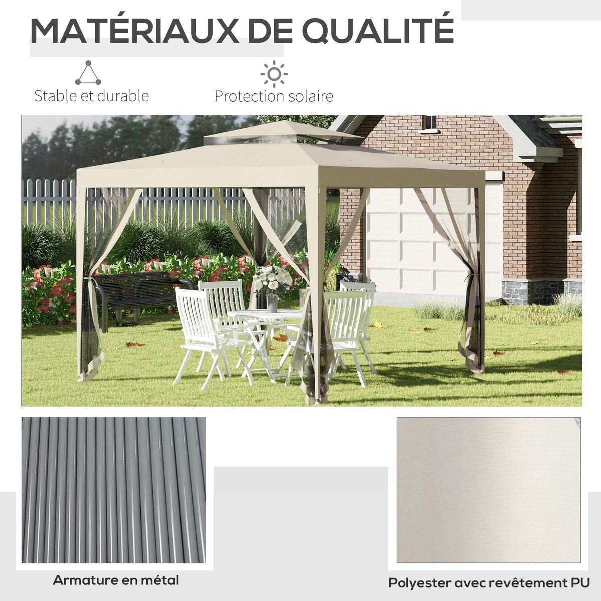 OUTSUNNY Tonnelle barnum de jardin 3L x 3l m avec 4 moustiquaires amovibles - double toit - métal polyester beige