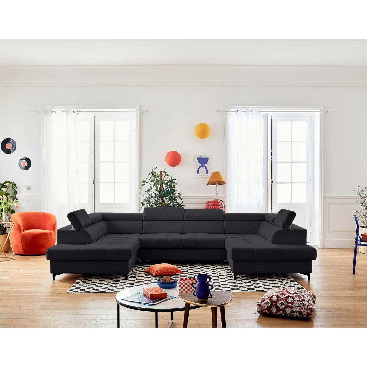 LISA DESIGN Merida - canapé panoramique en u - 7 places - convertible avec coffres et têtières réglables - en velours