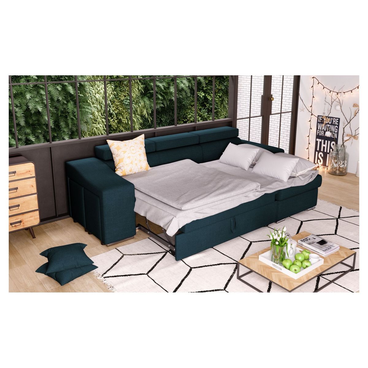 Canapé d'angle convertible réversible 5 places avec niche de rangement fixe à droite tissu STYL 