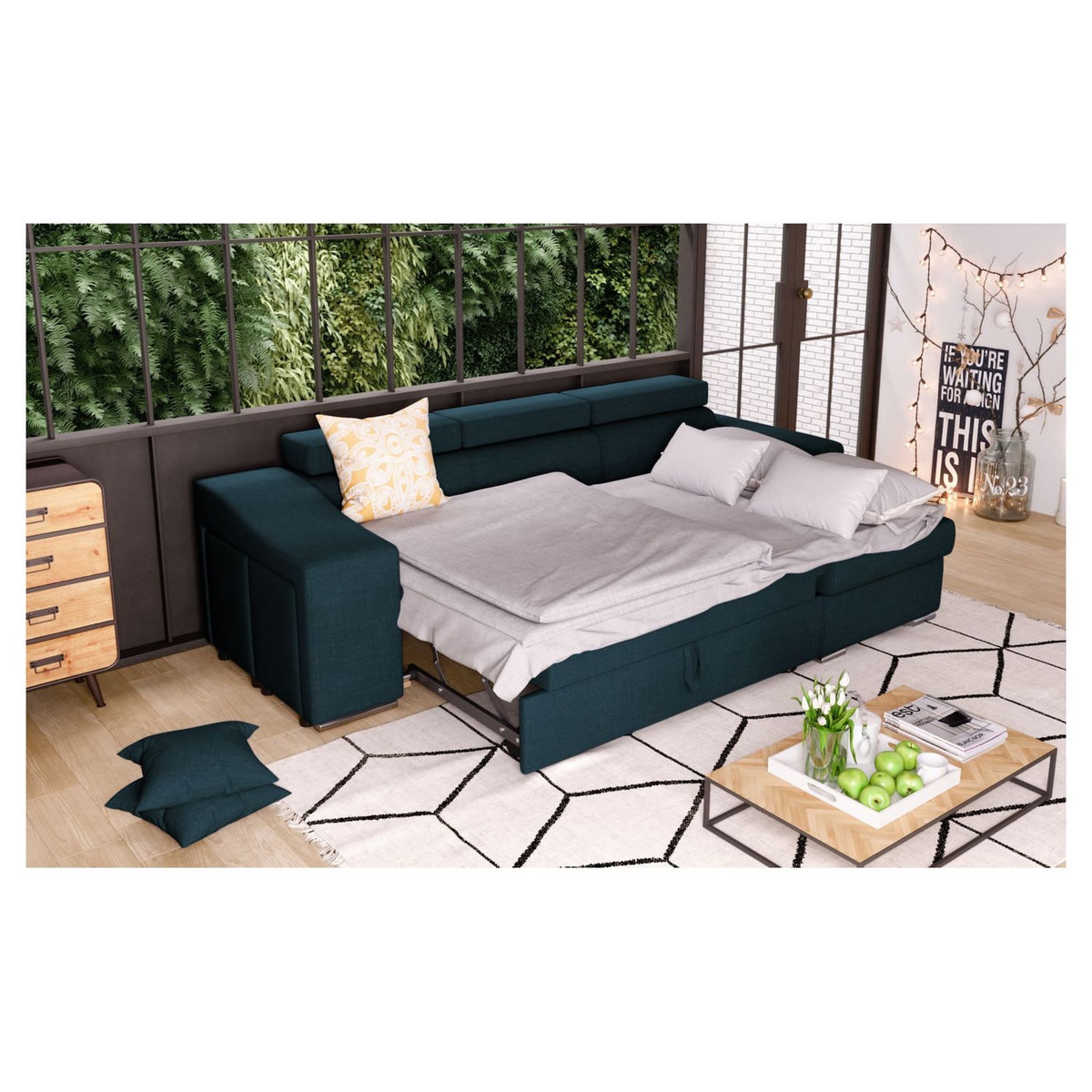 Canapé d'angle convertible réversible 5 places avec niche de rangement fixe à droite tissu STYL 