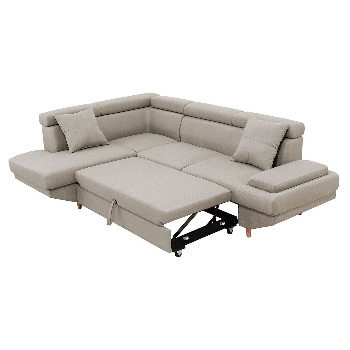 Canapé d'angle gauche convertible 5 places tissu pieds bois clair MARIUS 