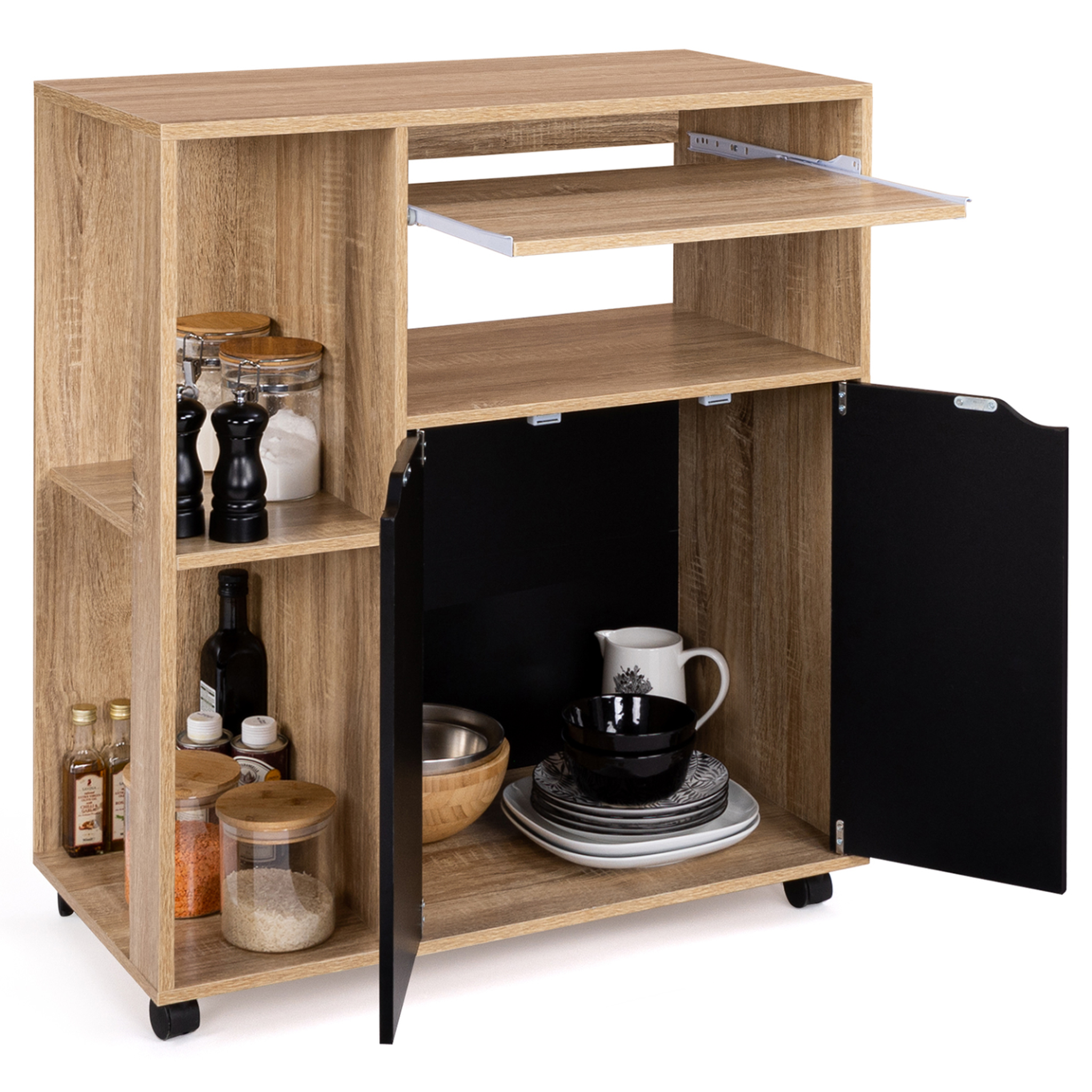 Voir la diapositive 4 : ID MARKET Desserte de cuisine cosi bois façon hêtre et portes noires l.76 cm
