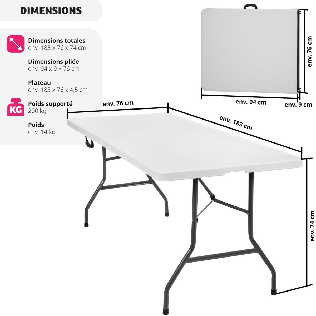 tectake Table de camping pliable blanc
