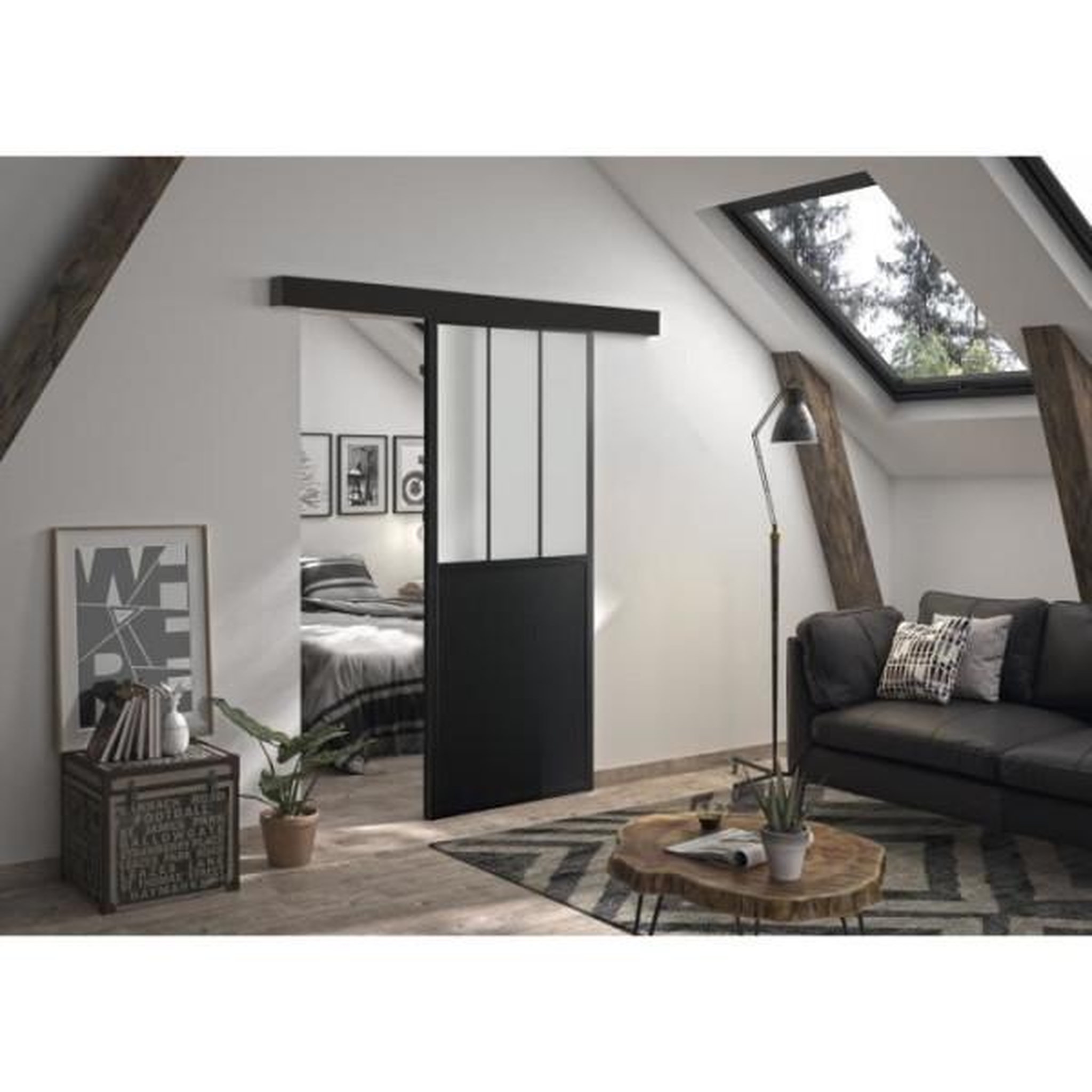 OPTIMUM Optimum - kit porte coulissante + rail + bandeau atelier - h 204 x l 93 x p 4 cm - noir verre dépoli