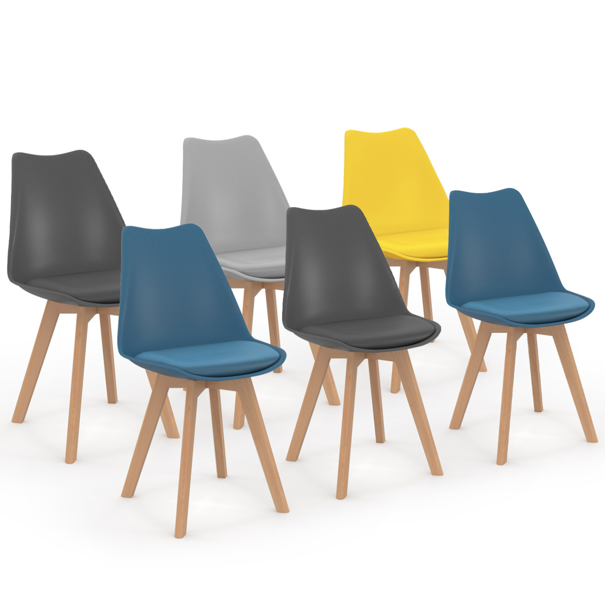 ID MARKET Lot de 6 chaises scandinaves sara mix color bleu x2, gris clair, gris foncé x2, jaune