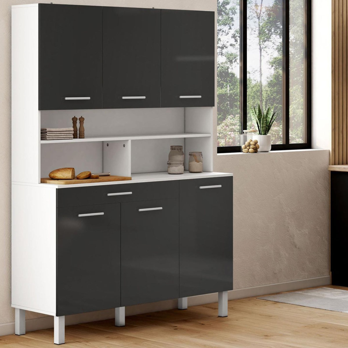ID MARKET Buffet de cuisine 120 CM CINA 6 portes + tiroir blanc et gris brillant