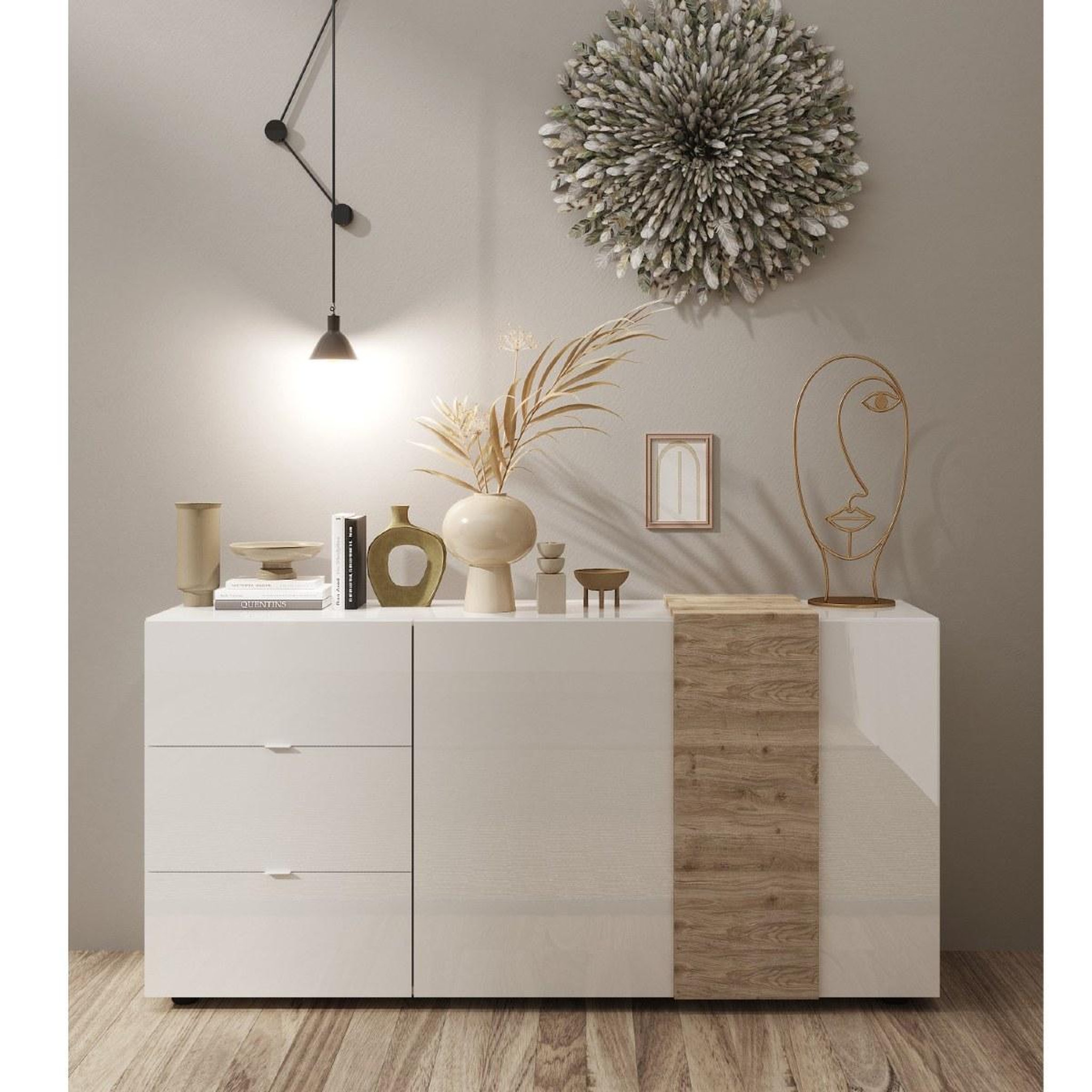 Voir la diapositive 2 : JLC KREATION Buffet bas moderne blanc et bois 2 portes-3 tiroirs SIA