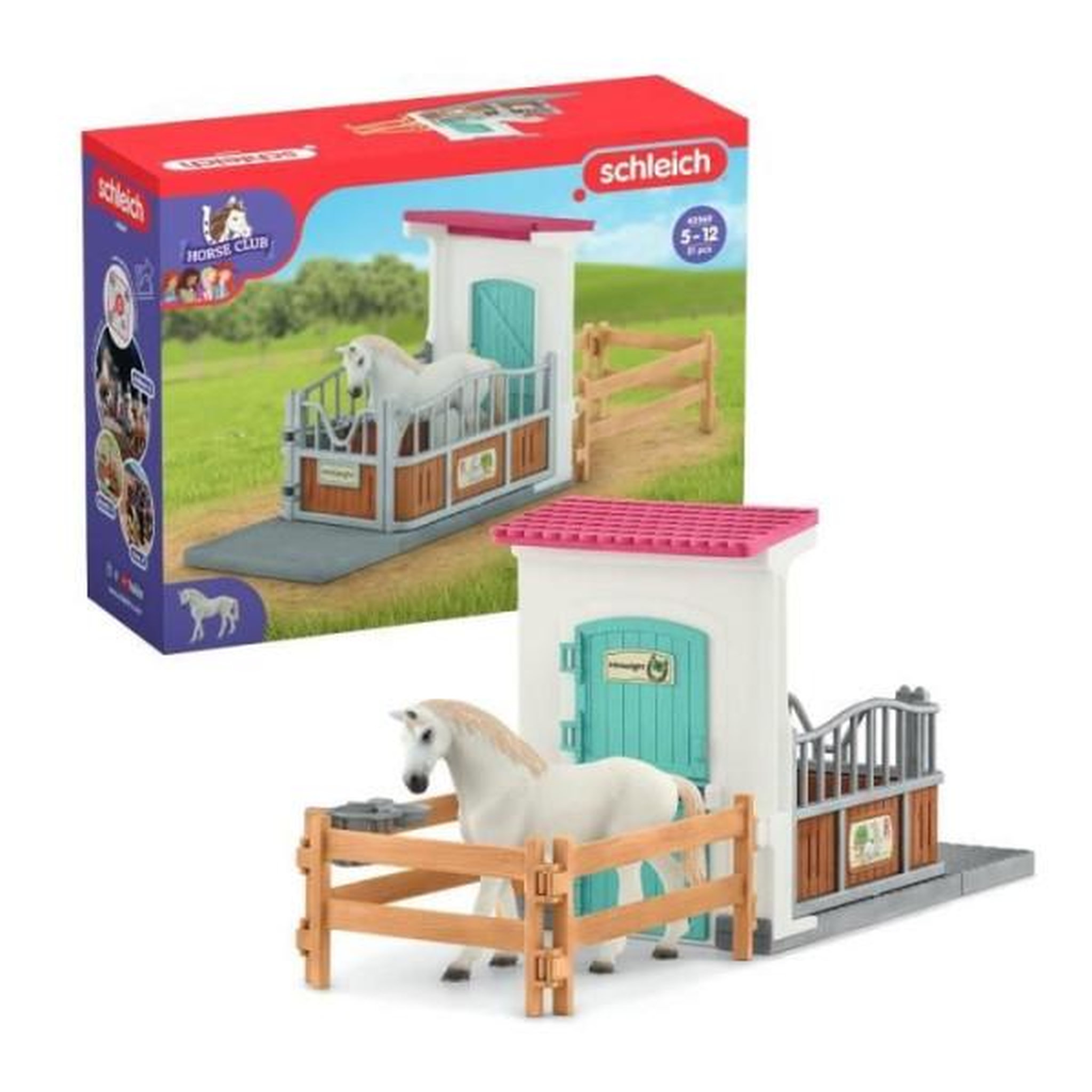 Schleich Box avec étalon Pur Sang anglais, Extension pour écurie schleich pour enfant, Schleich 42569 HORSE CLUB, des 5 ans