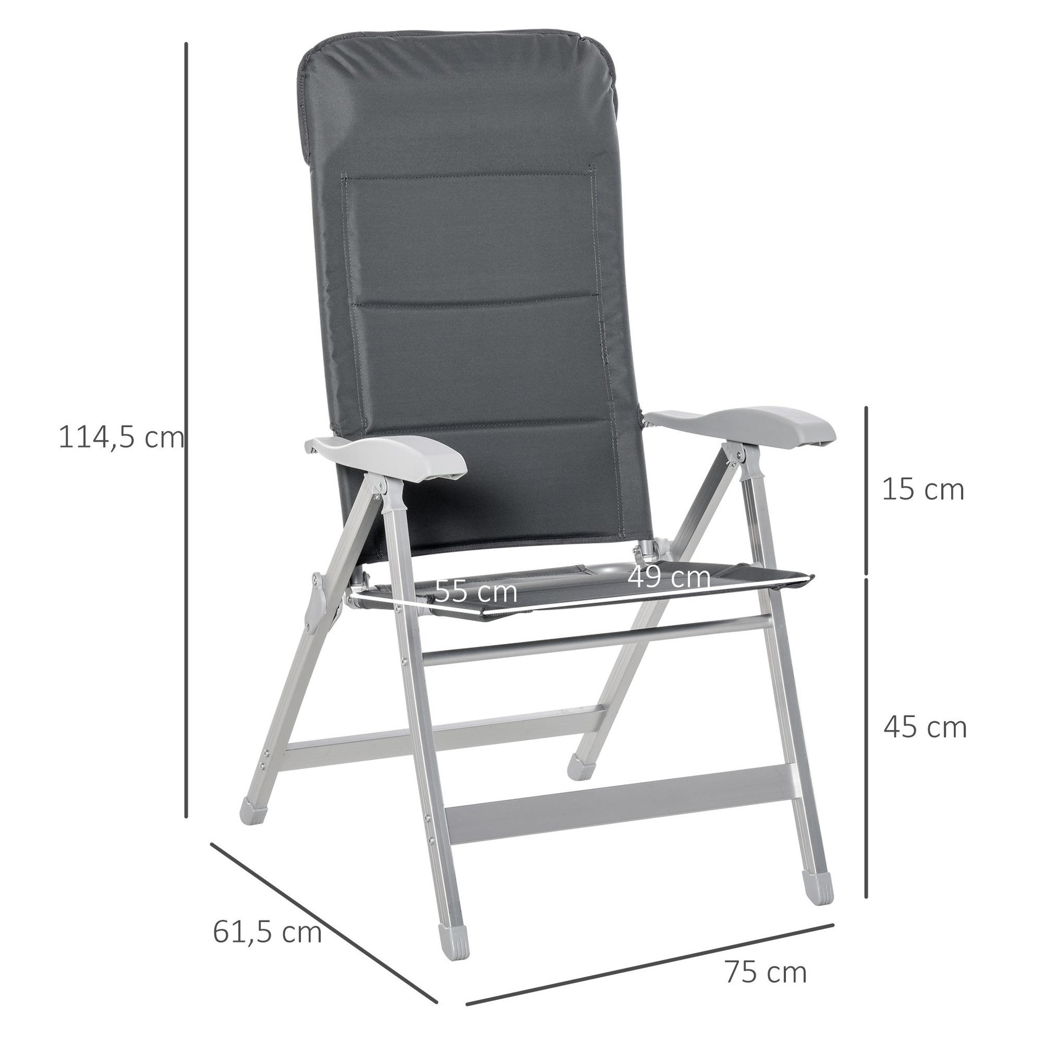 Voir la diapositive 3 : OUTSUNNY Chaise de jardin pliante dossier haut inclinable multipositions accoudoirs tétière alu. oxford déperlant gris