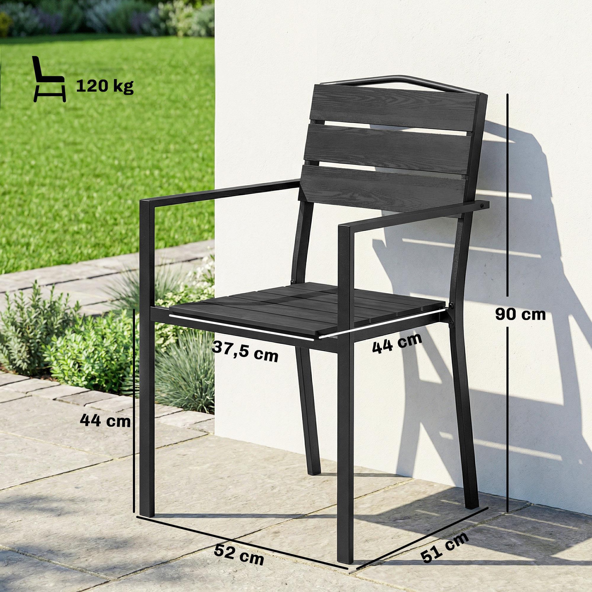 Voir la diapositive 3 : OUTSUNNY Lot de 4 chaises de jardin empilables avec accoudoirs métal époxy HDPE effet bois noir
