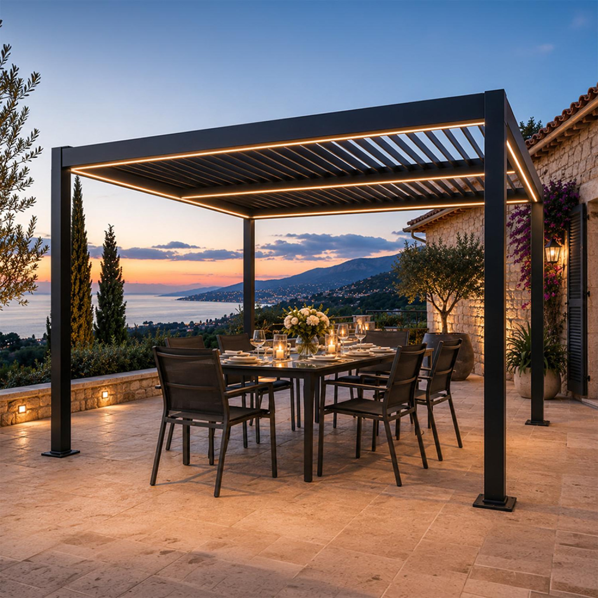 Voir la diapositive 2 : CONCEPT USINE Pergola bioclimatique à led 3x3m structure aluminium lames orientables corfu