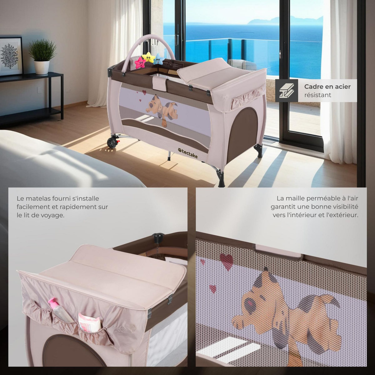 tectake Lit de voyage pour enfants peu encombrant pliable et réglable en hauteur marron