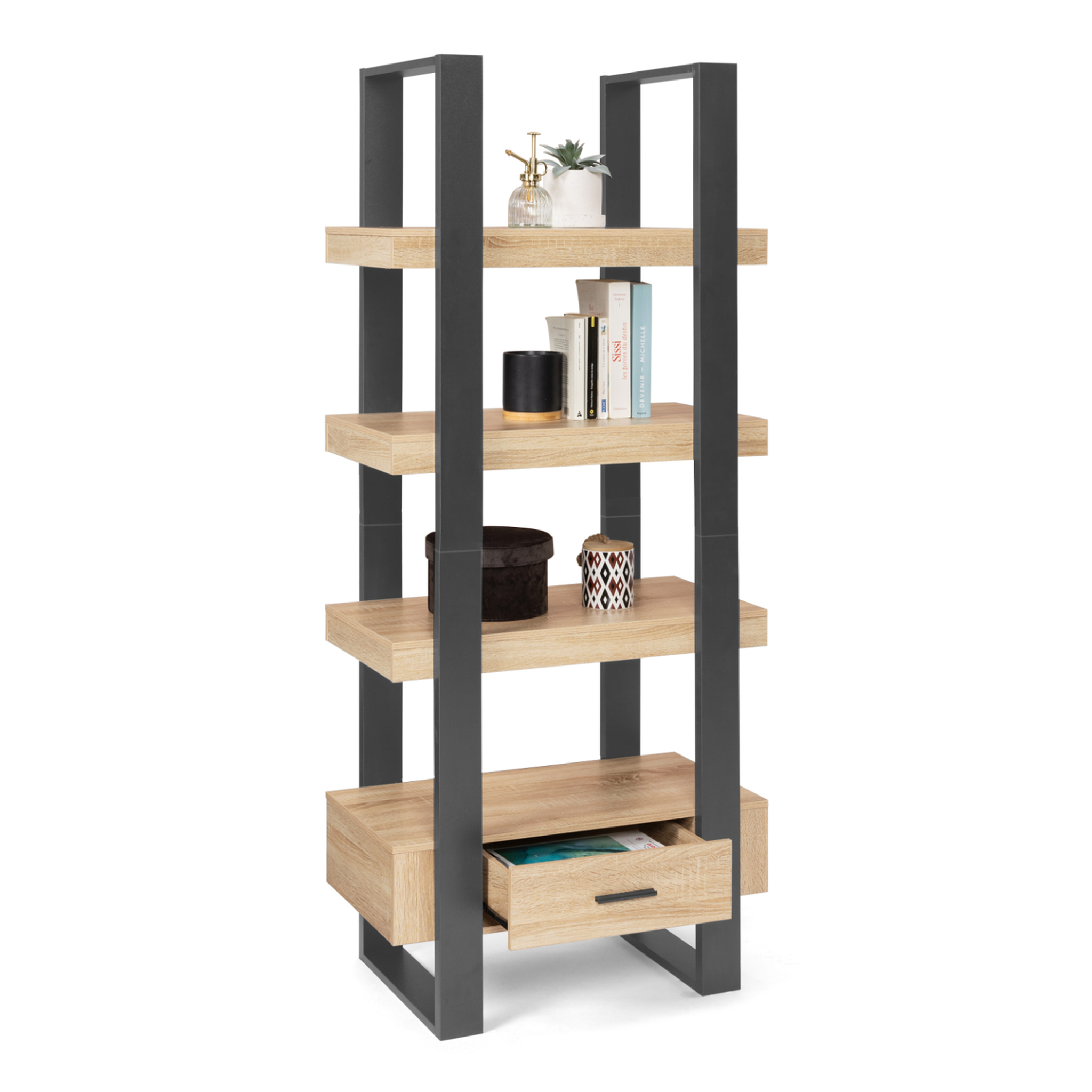 ID MARKET Etagère 4 niveaux avec tiroir phoenix bois et noir
