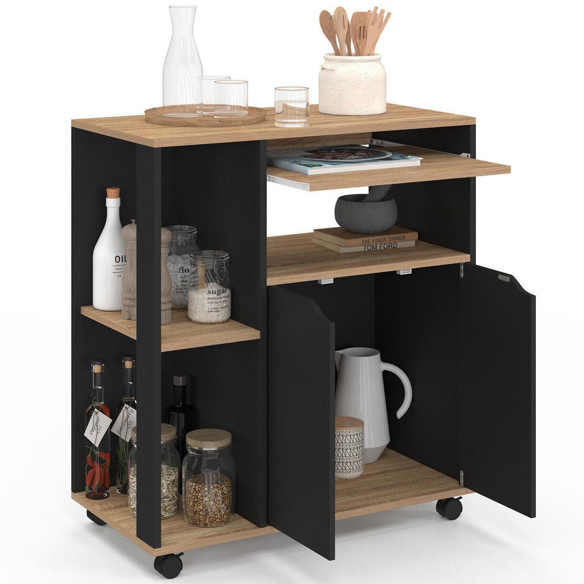 ID MARKET Desserte de cuisine COSI bois noir et plateaux façon hêtre L.76 CM