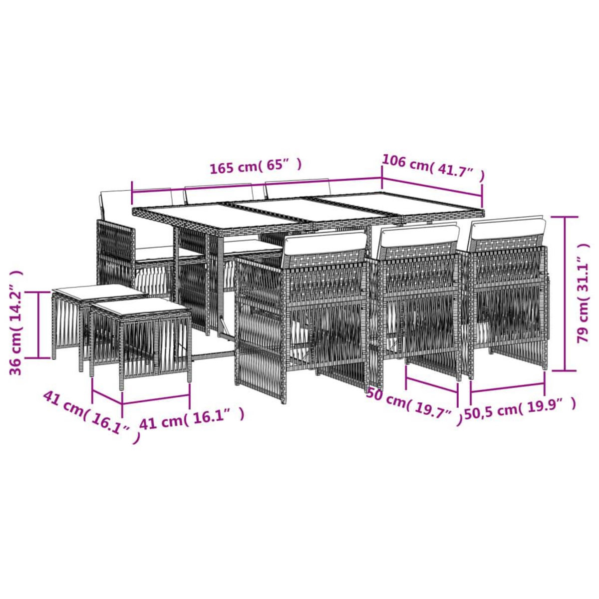 VIDAXL Ensemble a manger de jardin 11pcs avec coussins gris poly rotin