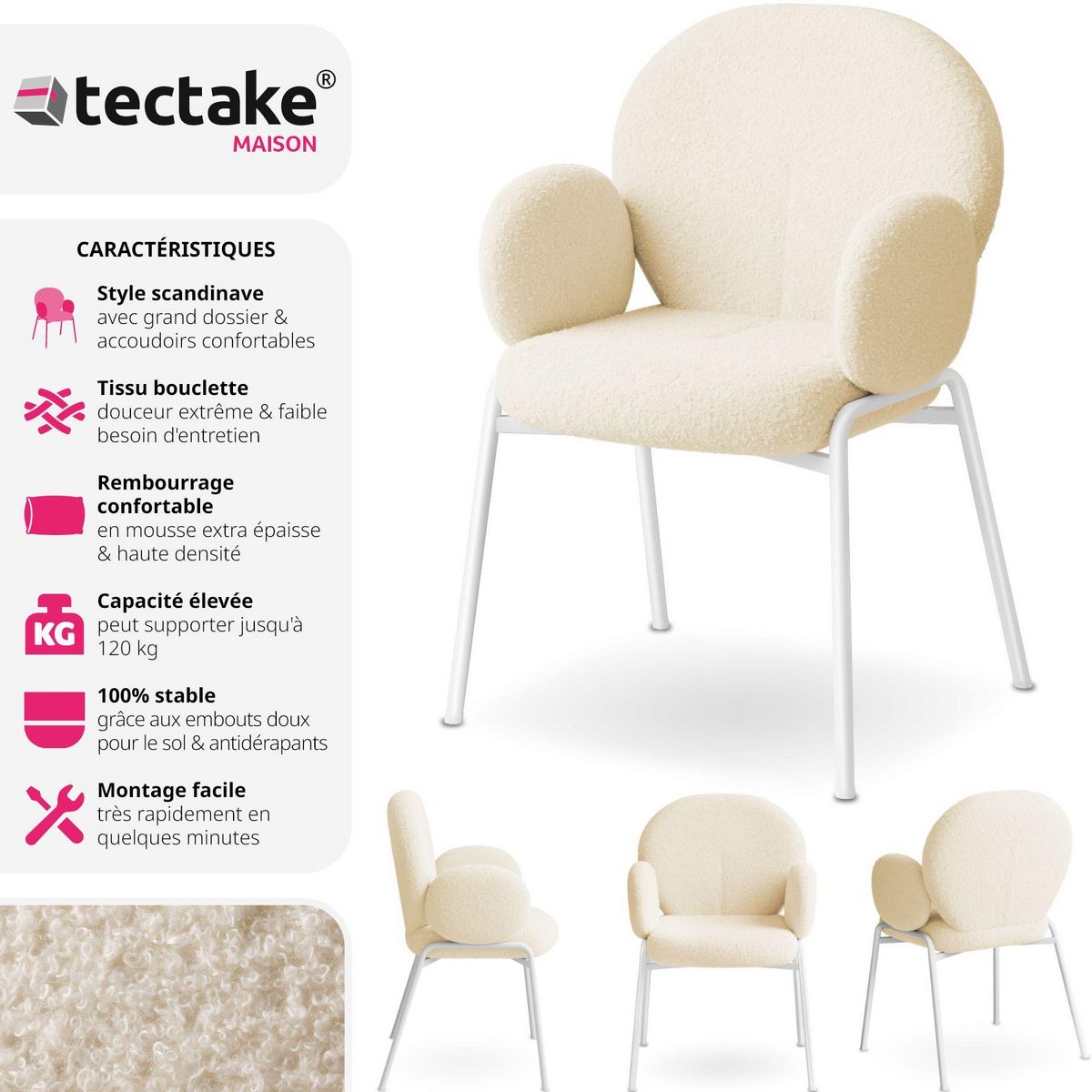 tectake Chaise rembourrée avec revêtement en tissu bouclette crème Lot de 6