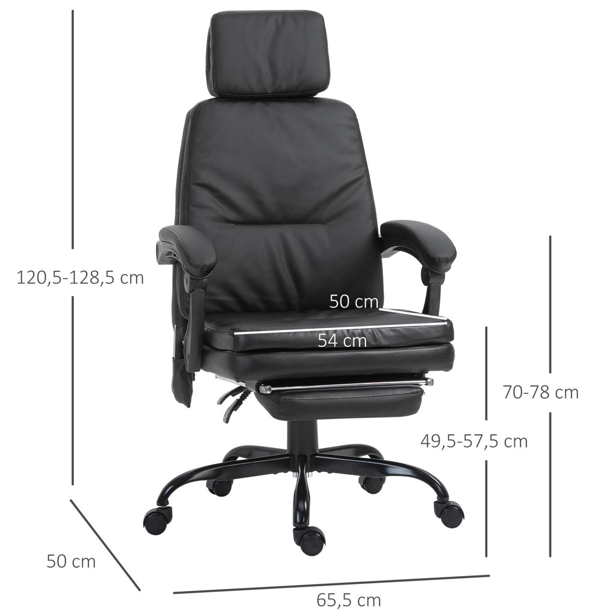 VINSETTO Fauteuil de bureau massant avec repose-pieds amovible - 65,5L x 50l x 120,5-128,5H cm - noir