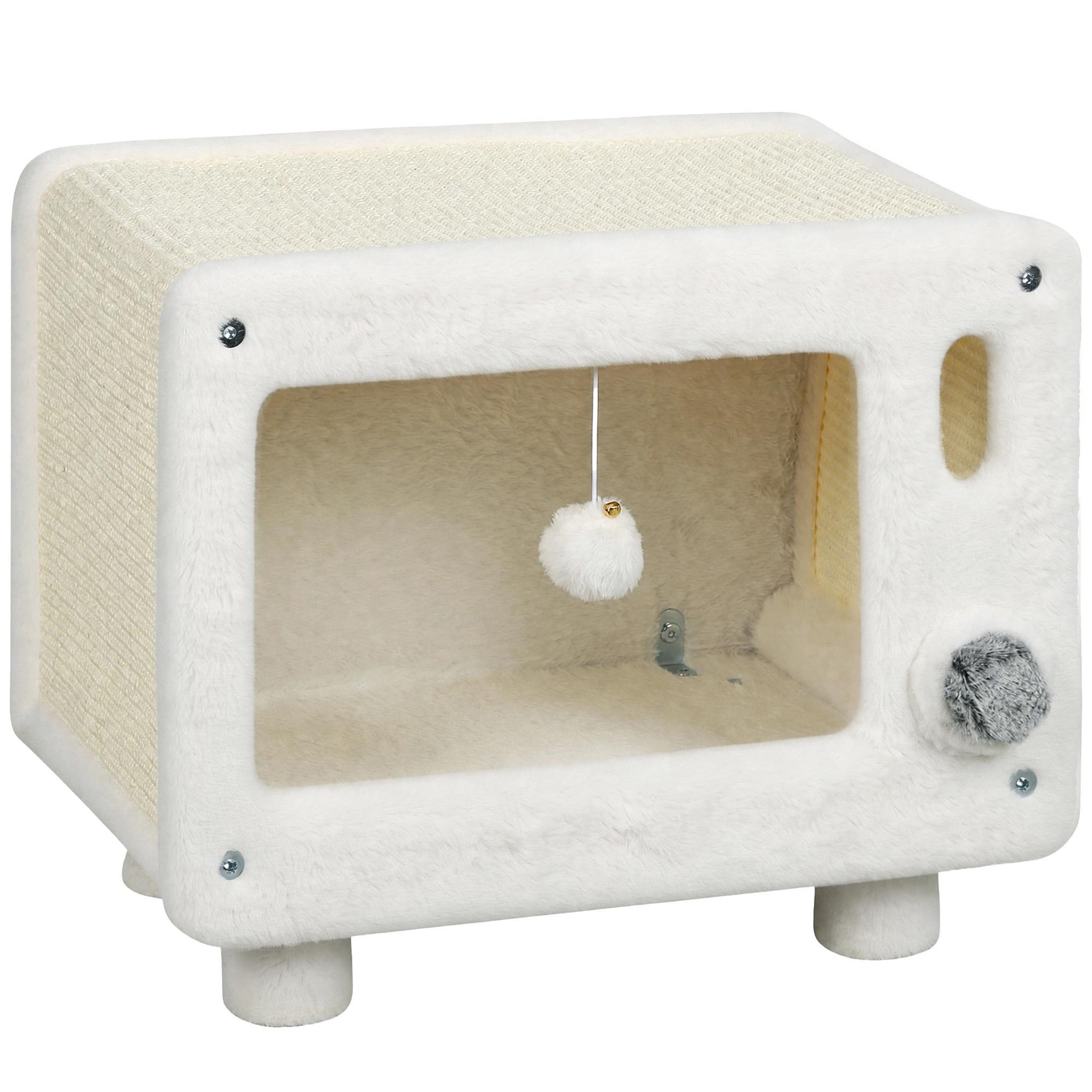 PAWHUT Grattoir niche chat 2 en 1 design télévision cosy 50 x 33 x 42 cm crème