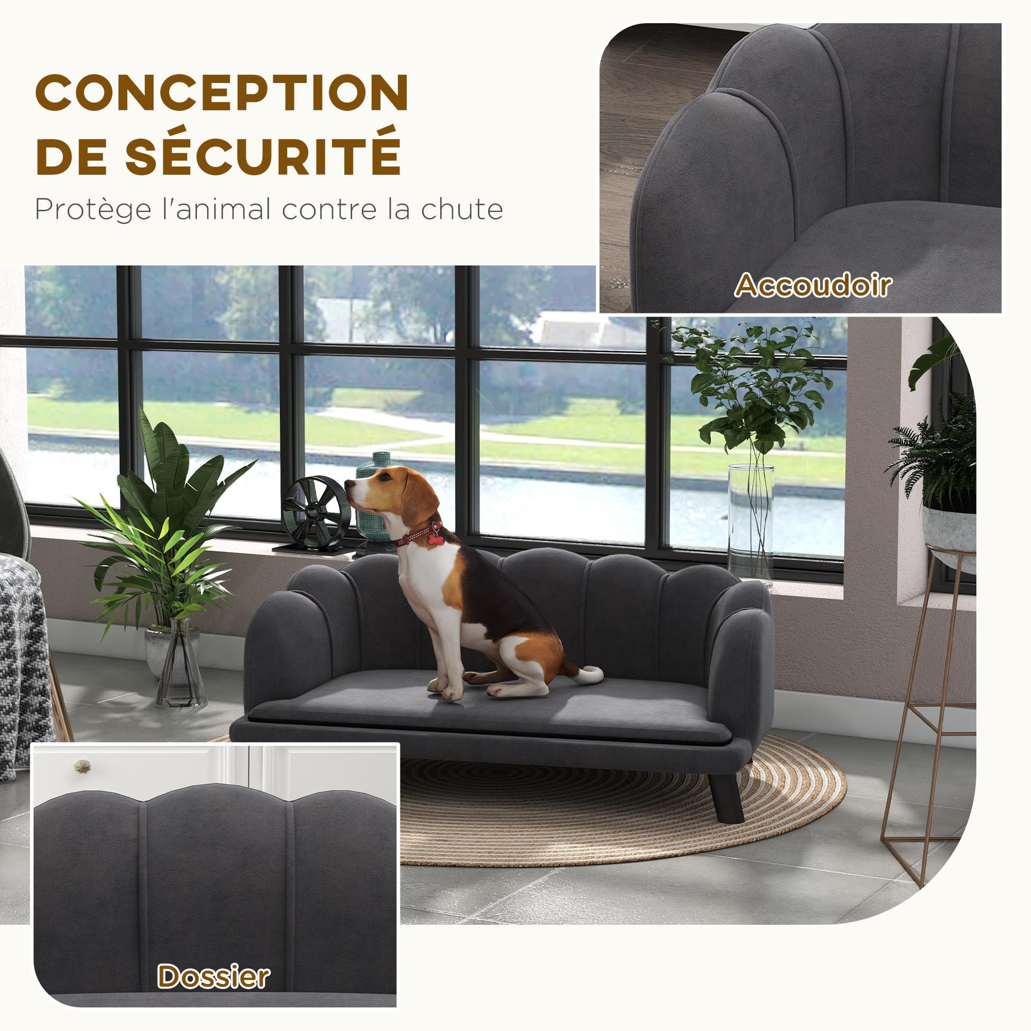 Voir la diapositive 6 : PAWHUT Canapé chien lit pour chien chat design contemporain coquillage dim. 98l x 60l x 35h cm coussin moelleux velours gris