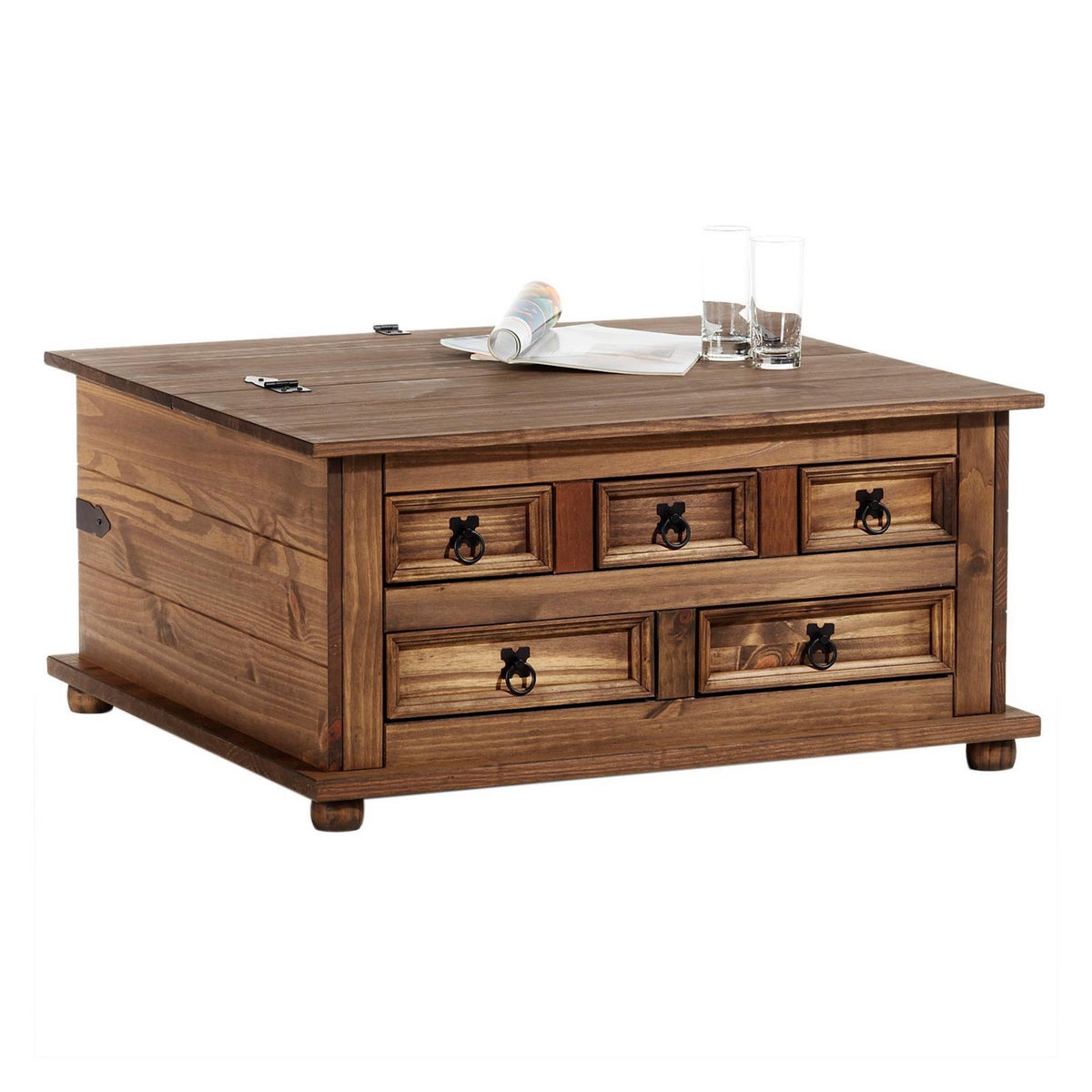 IDIMEX Table basse coffre en pin TEQUILA style mexicain, avec 5 tiroirs, lasuré brun
