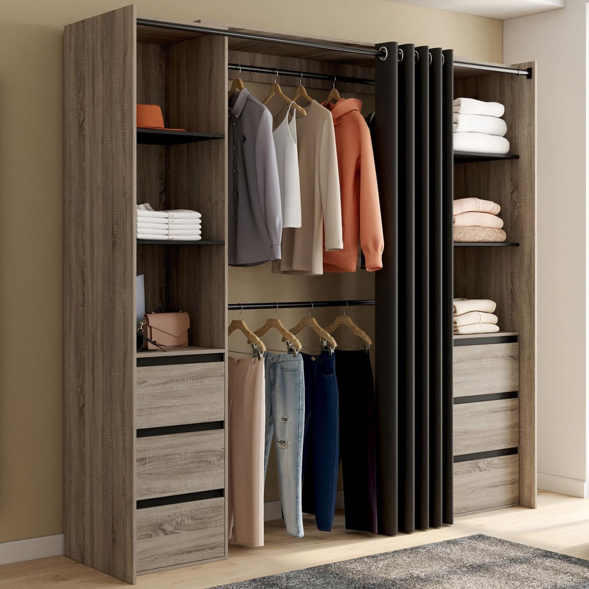 ID MARKET Dressing extensible double MERYL 120/180 cm hêtre avec 6 tiroirs + étagères + double penderie + rideau noir