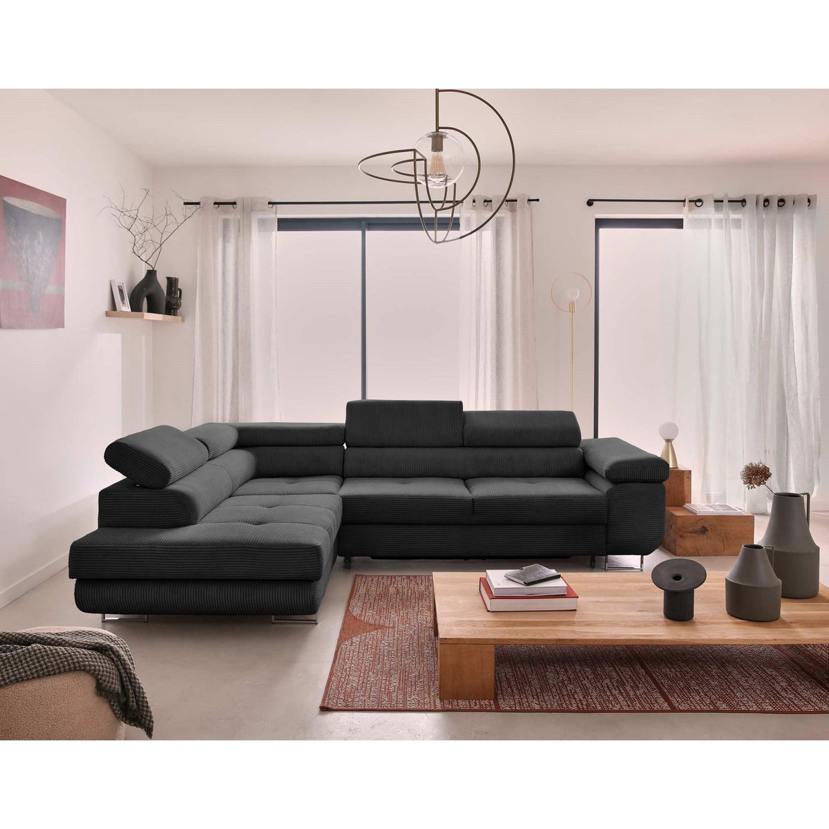 BEST MOBILIER Zaria - canapé d'angle gauche - convertible avec coffre et têtières réglables - 5 places - en velours côtelé