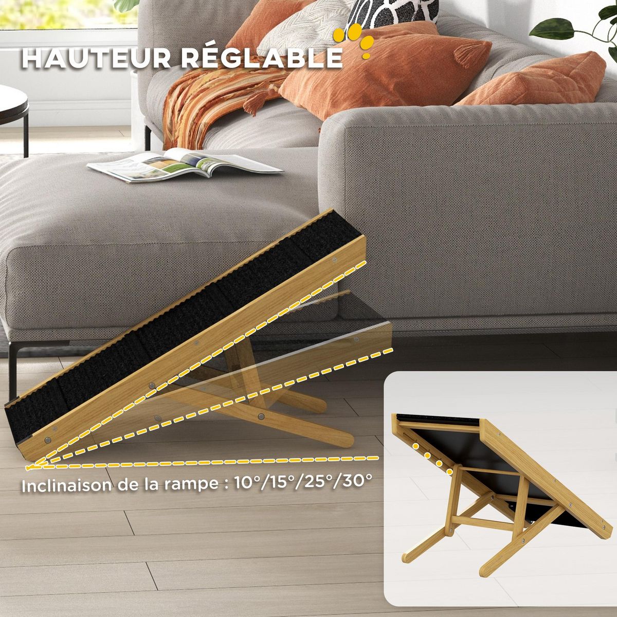 PAWHUT Rampe pour chien et chat - escalier pour chien pliable réglable en hauteur 24-47,5 cm - bois polyester noir