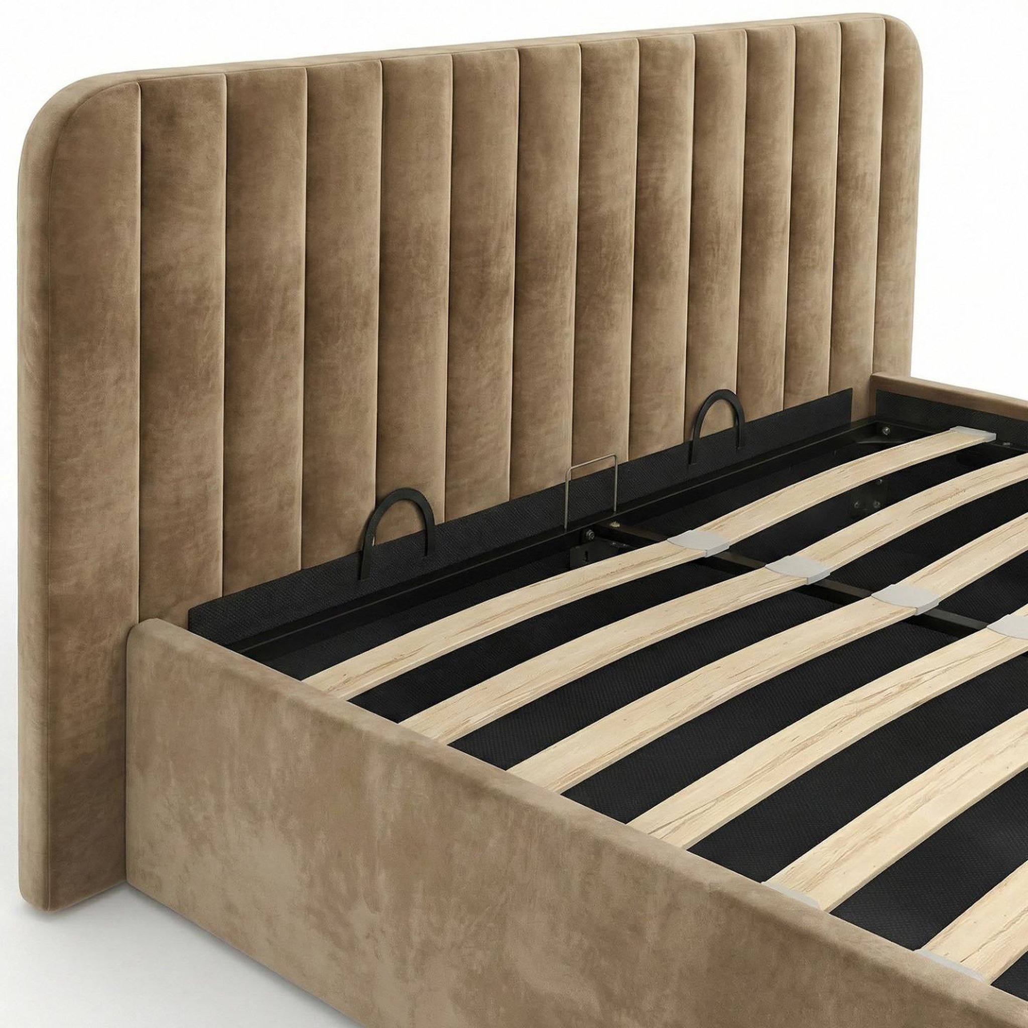 Voir la diapositive 6 : ID MARKET Lit coffre double alba avec tête de lit et sommier 140 x 190 cm velours taupe