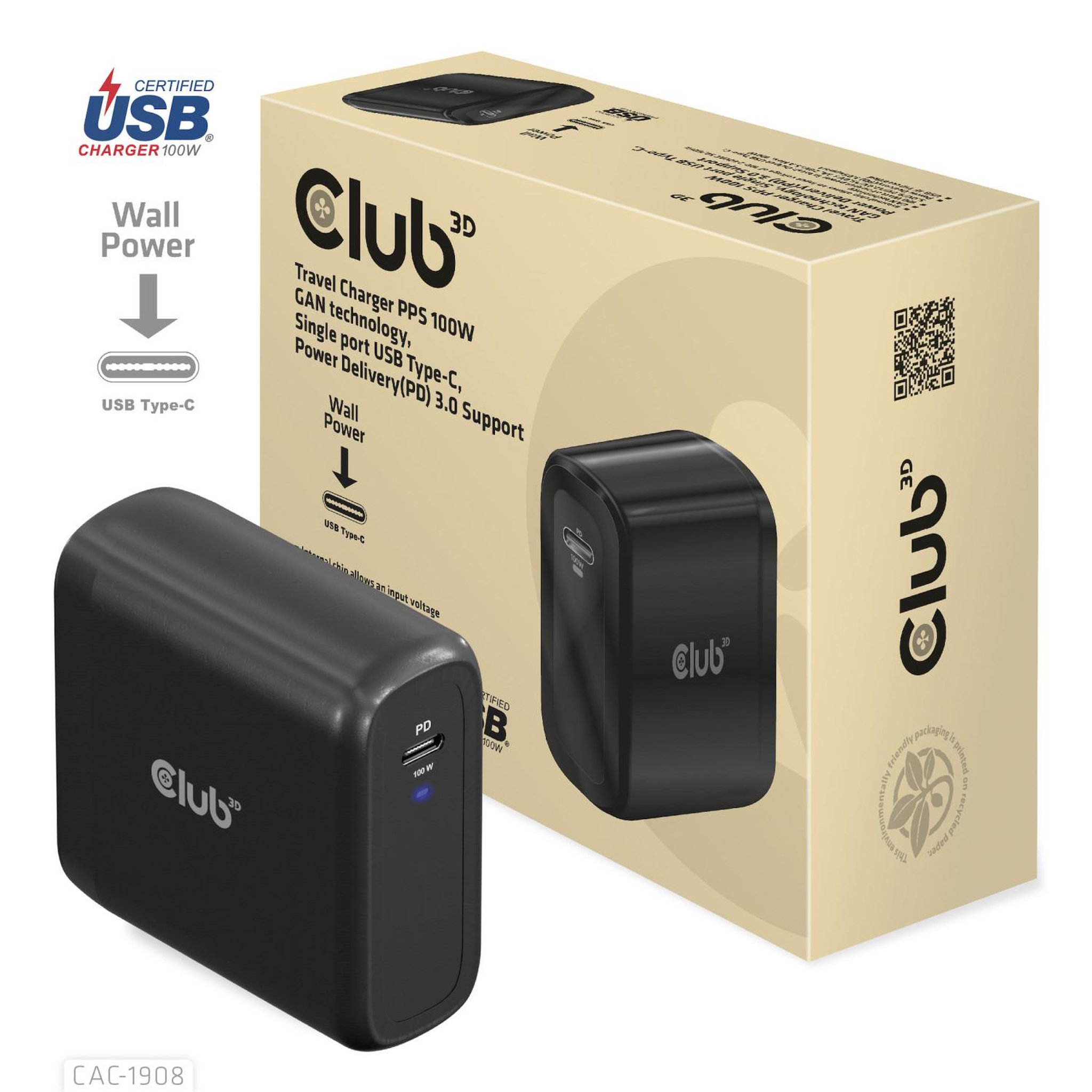 CLUB 3D Club3d cac-1908 chargeur d'appareils mobiles manettes de jeu, ordinateur portable, téléphone portable, ordinateur portable, consoles portables, smartphone noir usb intérieure