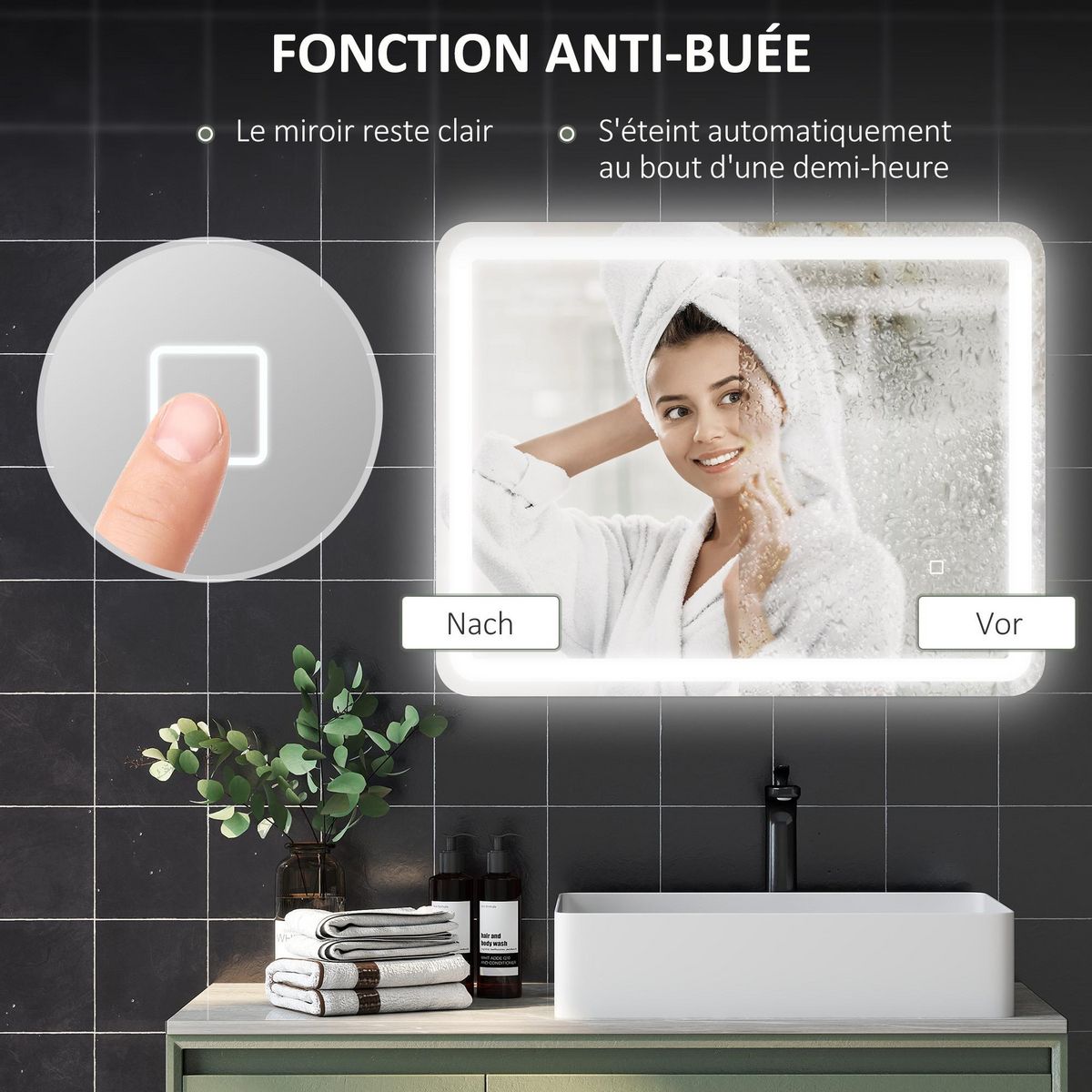 KLEANKIN Miroir lumineux LED salle de bain 70 x 90 cm lumière réglable 3 couleurs fonction anti-buée et mémoire