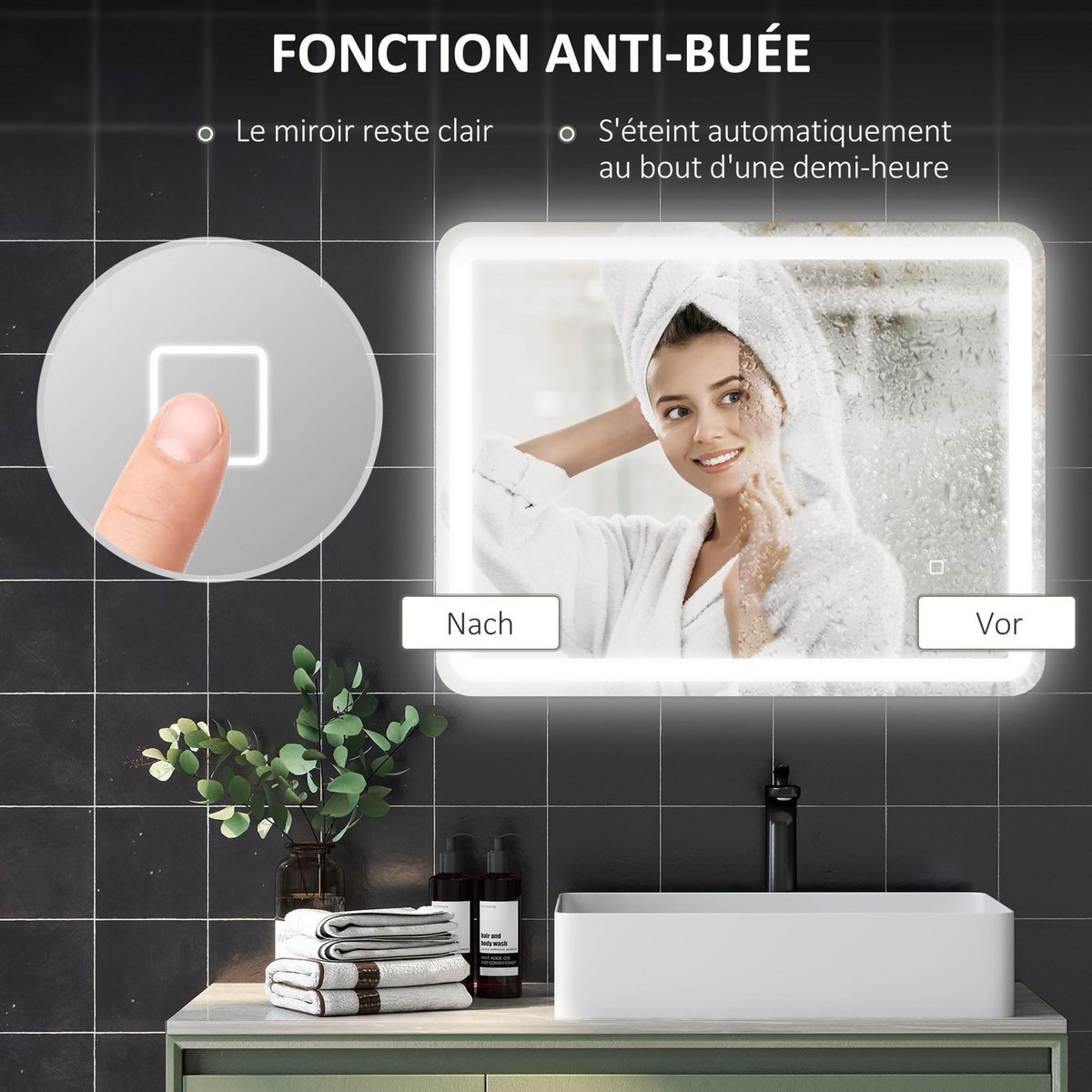 KLEANKIN Miroir lumineux LED salle de bain 70 x 90 cm lumière réglable 3 couleurs fonction anti-buée et mémoire