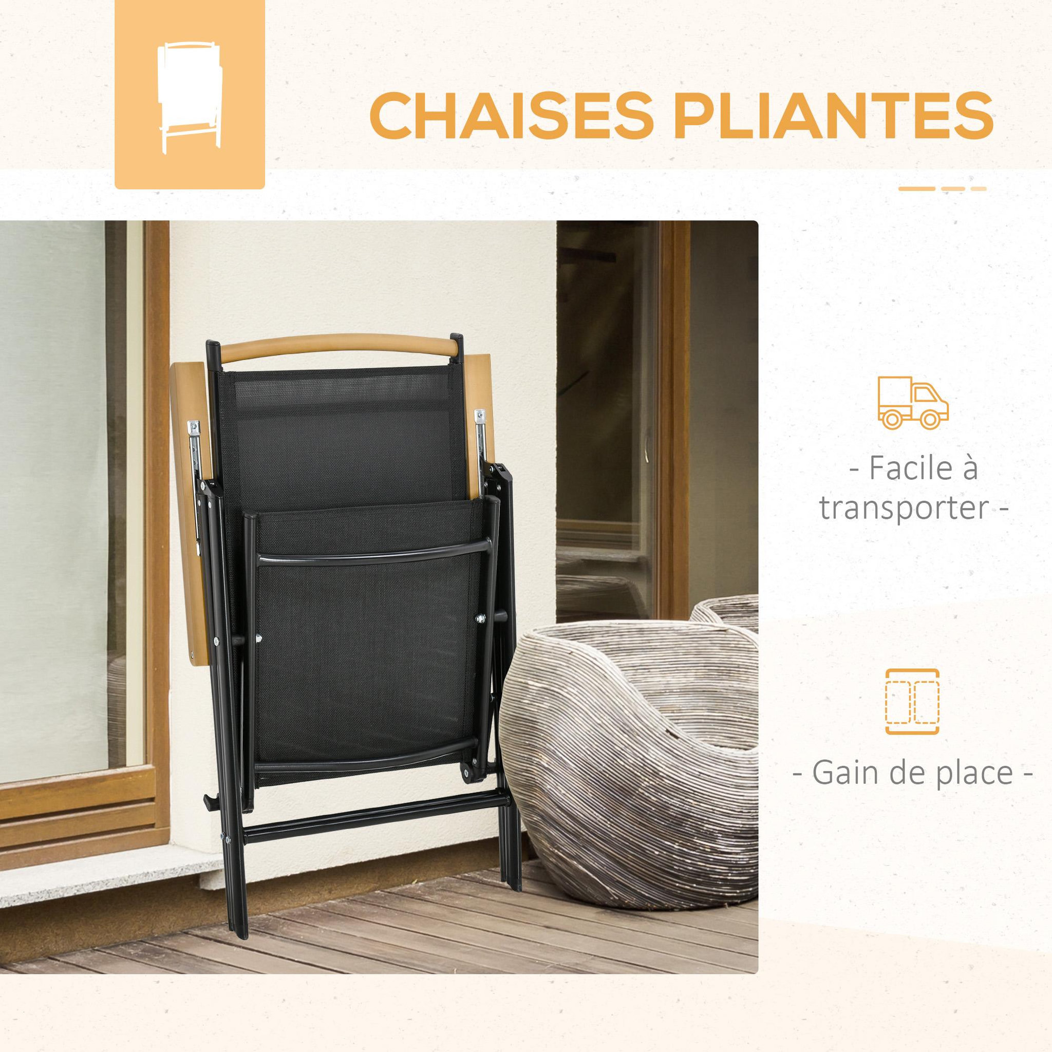 Voir la diapositive 4 : OUTSUNNY Ensemble table de jardin 6 personnes - chaises pliables inclinables accoudoirs - alu textilène noir plastique effet bois