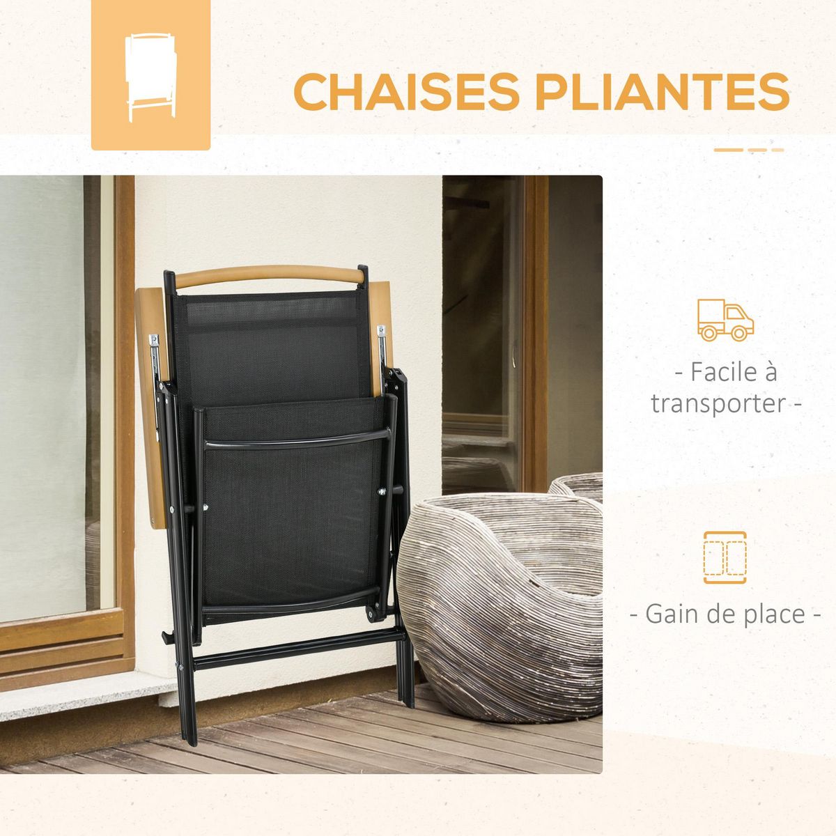 OUTSUNNY Ensemble table de jardin 6 personnes - chaises pliables inclinables accoudoirs - alu textilène noir plastique effet bois