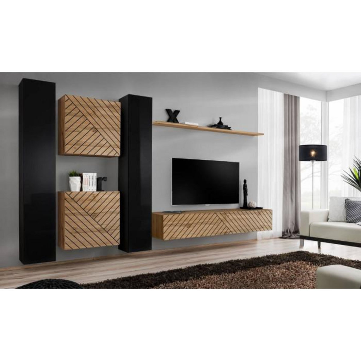 Paris Prix Ensemble Meuble TV  Switch Lamel VI  330cm Naturel & Noir