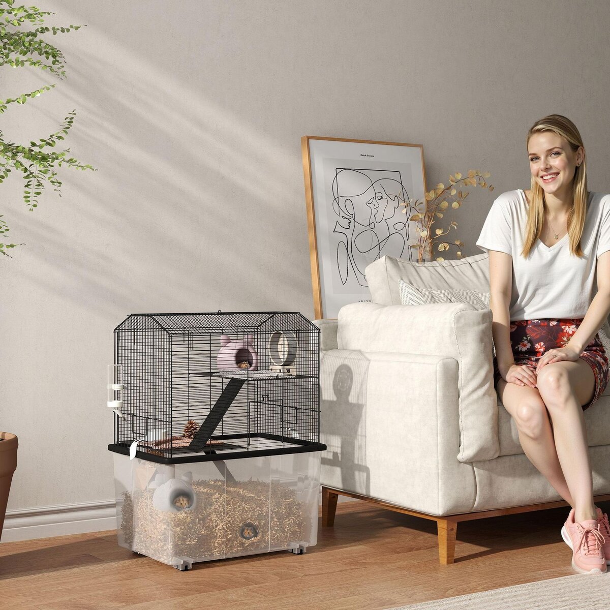 PAWHUT Cage rongeur hamster 3 étages - roulettes, plateforme, échelle, accessoires - PP transparent acier noir