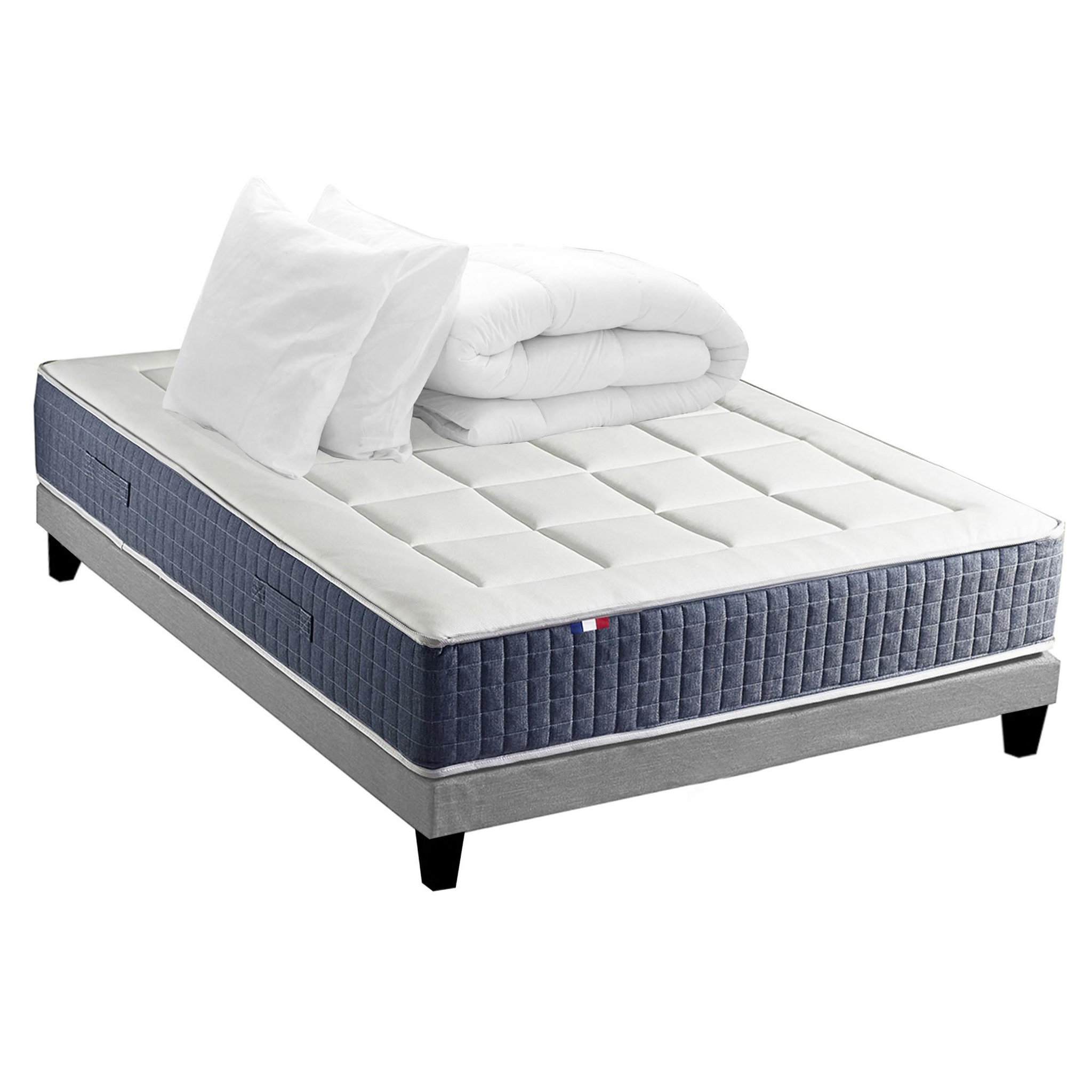 IDLITERIE Ensemble Matelas Ressort 7 zones + Mémoire de forme + Sommier KING STYLE + couette + oreillers - Fabriqué en France. Coloris disponibles : Gris