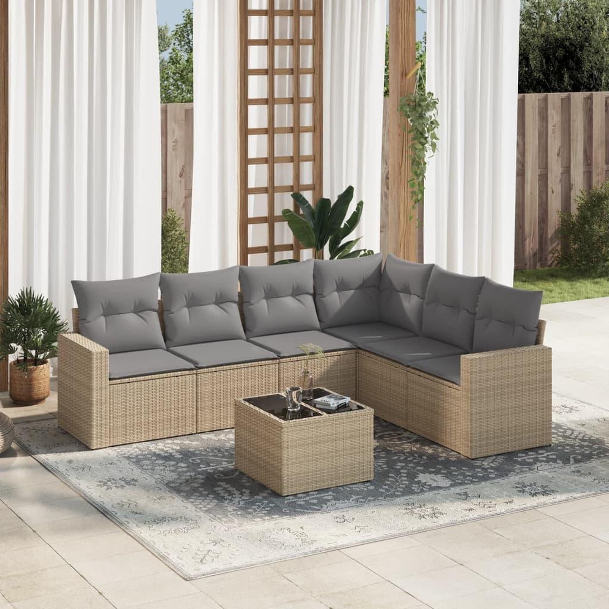 VIDAXL Salon de jardin avec coussins 7 pcs beige resine tressee