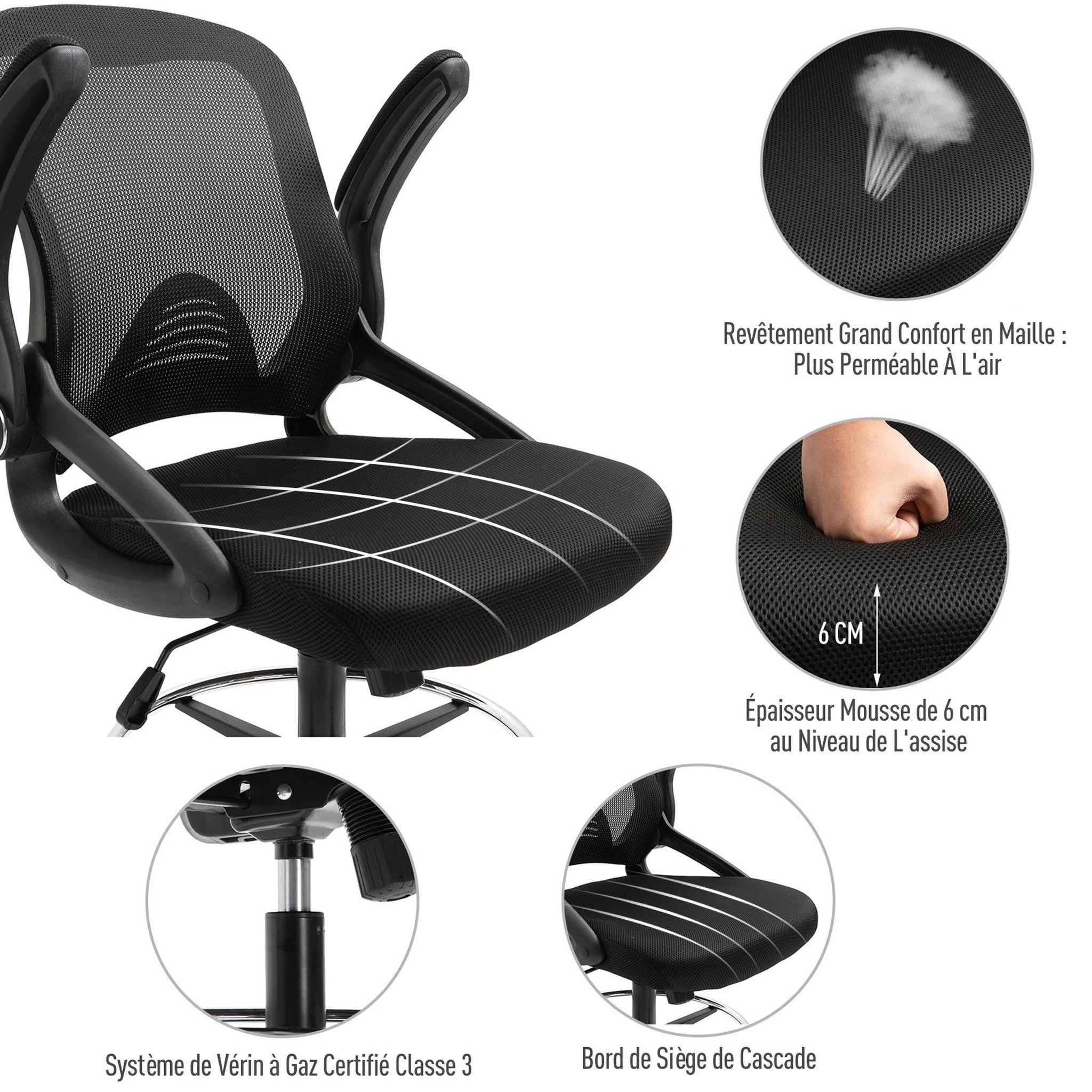 Voir la diapositive 6 : HOMCOM Fauteuil de bureau chaise de bureau assise haute réglable dim. 64L x 60l x 106-126H cm pivotant 360° maille respirante noir